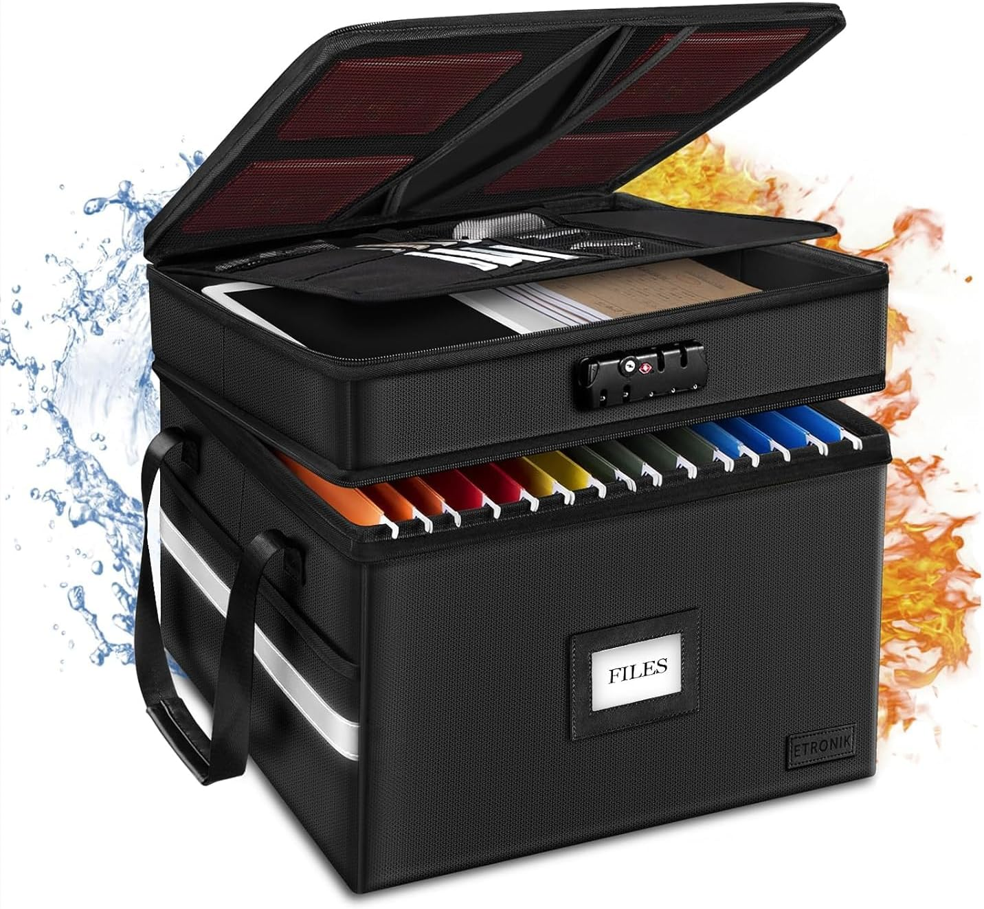 Fireproof Document Box with Lock, 2 Layer File Cabinet Organizer with 5 Tab Inserts, Portable Office Collapsible File Storage with Reflective Strip for Hanging Letter, Legal Size Folder image number 5