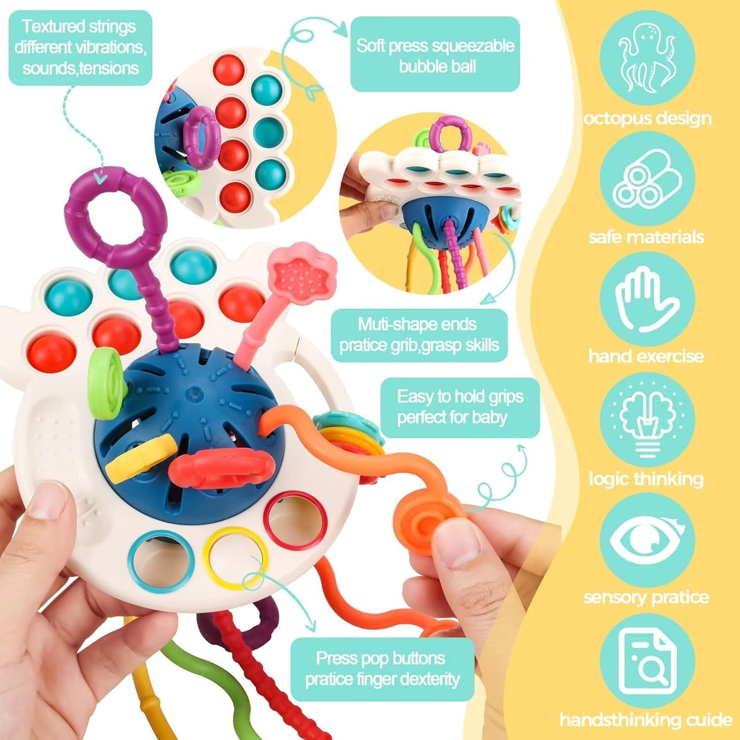 MATHARAGO Silicone Pull String Octopus Toy, Multi-Sensory, Travel & Fine Motor Skills Toys, Blue, Infant & Toddler