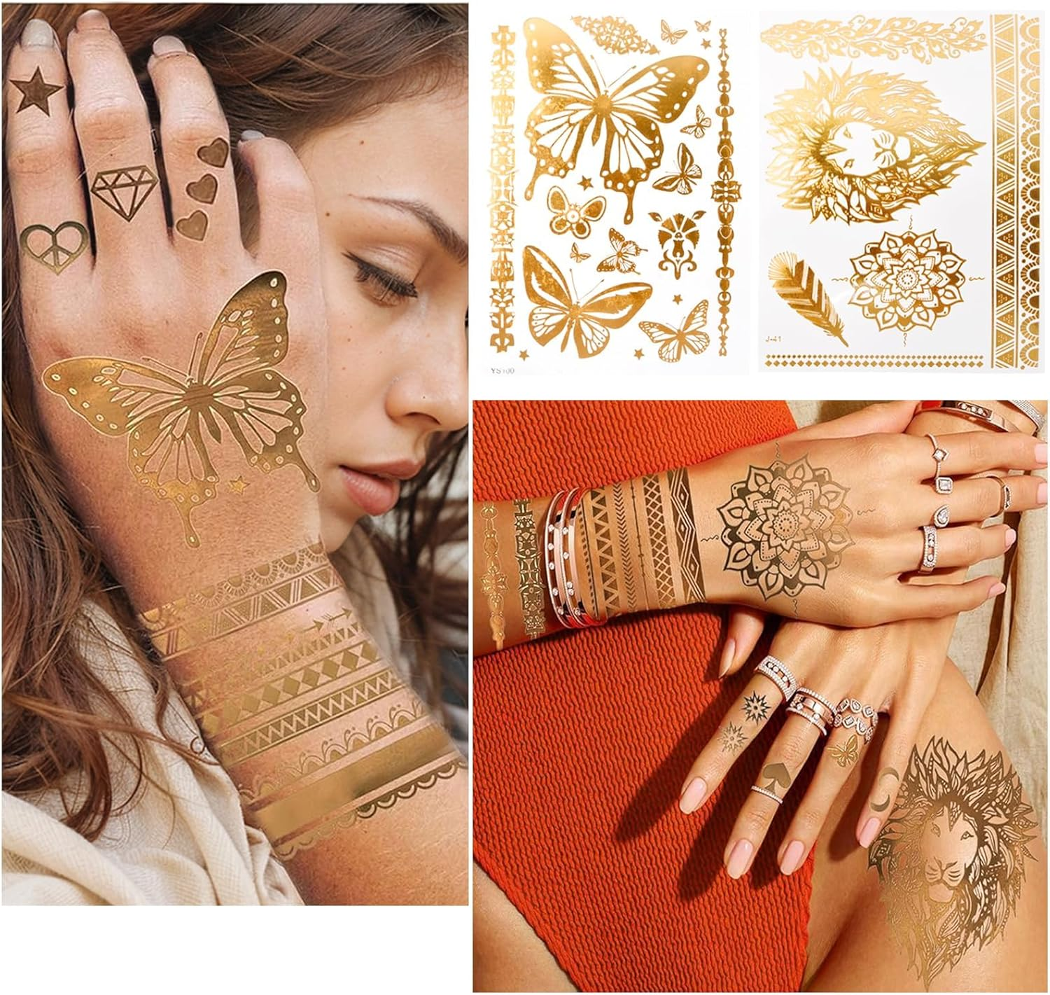 9 Sheets Gold Temporary Tattoos Flash for Women, Metallic Festival Tattoos, Body Art Sticker, Waterproof Armbands Tattoo, Moon Star Butterfly Glitter Tattoos Fake That Look Real and Last Long image number 6