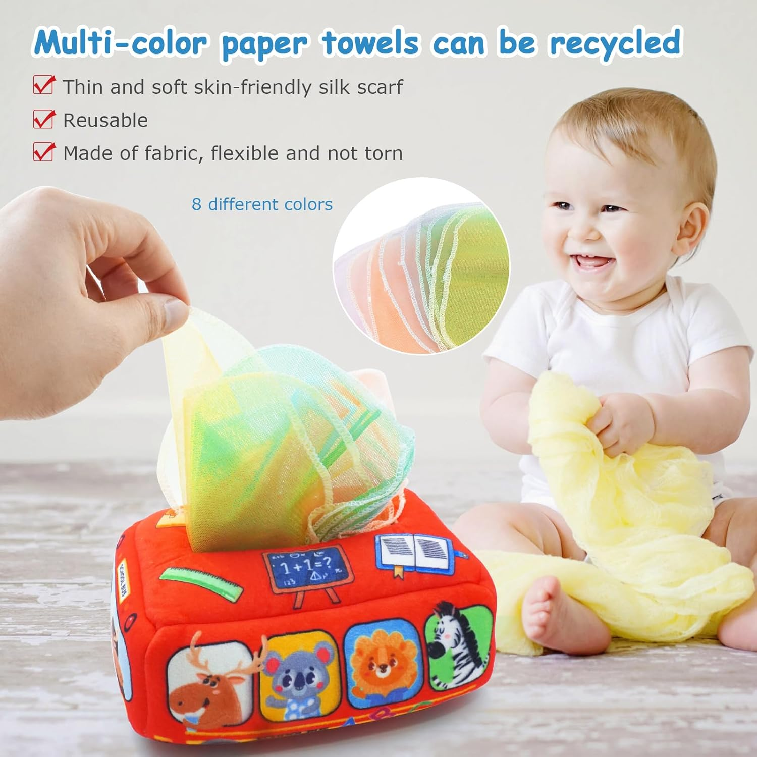 Lenamos Baby Toys 0-24Months, Tissue Box Toy Montessori for Babies 1-2 Year Old Toddlers, Soft Stuffed High Contrast Crinkle Infant Sensory Toys, Boys&Girls Kids Early Learning Newborns Gifts image number 5