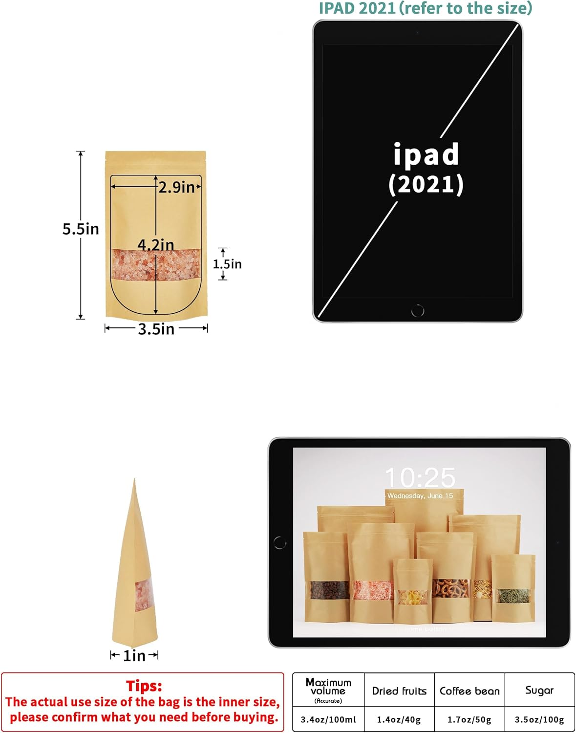 100 Pcs Brown Paper Bags with Window, 3.5" X 5.5" Stand up Pouches, Zipper Food Storage Bags for Packaging Products, Reusable, Sealable image number 3