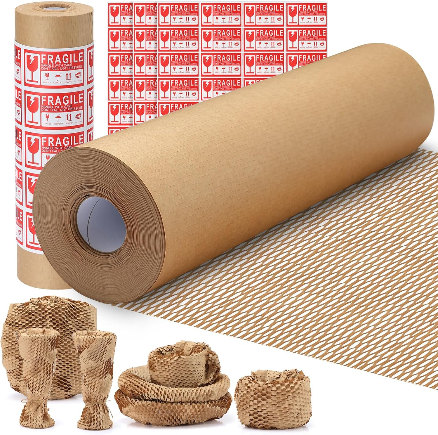 Honeycomb Packing Paper 12&rdquo; X 100&rsquo; Moving Suppliers Bubble Cushioning Wrap Paper Roll for Moving/Shipping/Packing with 80 Fragile Sticker Protective Eco Friendly & Recyclable image number 5