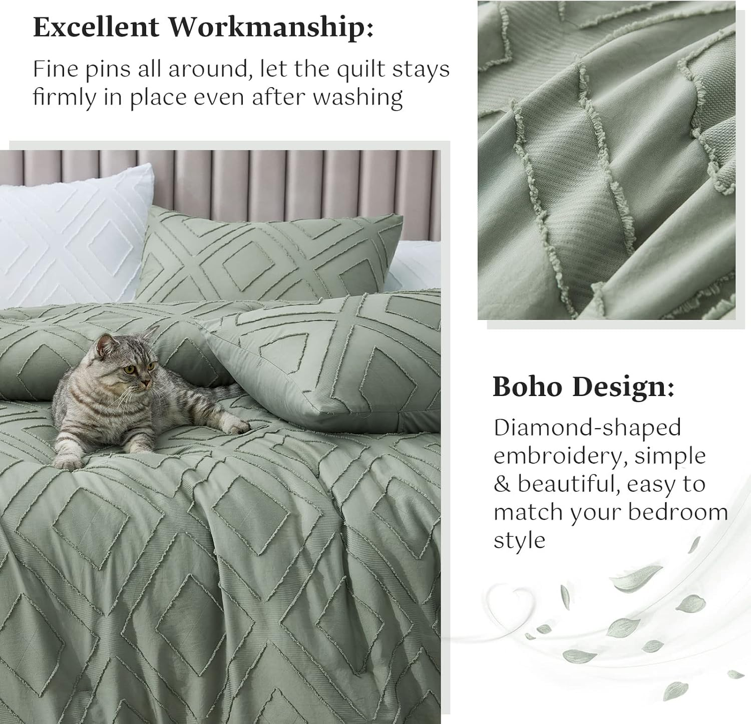 Boho Queen Comforter Set,Sage Green Rhombus Tufted Queen Size Comforter Set with Corner Loops,3 Pieces Embroidery Shabby Chic Bedding Comforter Sets for All Seasons(Sage Green,Queen) image number 4
