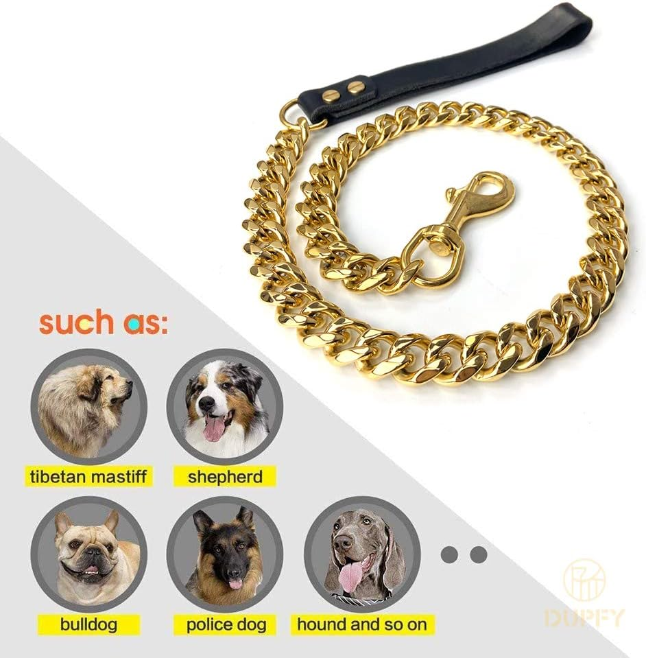 Gold Chain Leash for Large Dogs Metal Chew Proof 19 Mm Heavy Duty Fully Welded Stainless Steel Pet Leash Chain with Leather Padded Handle image number 1