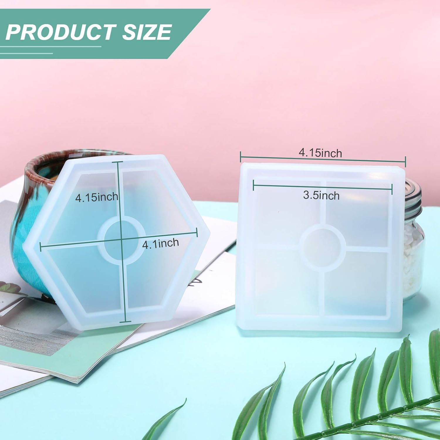 8Pcs Coaster Molds for Resin Casting, Resin Coaster Molds Including 4 Square and 4 Hexagon Epoxy Silicone Molds, Great for Making Coasters