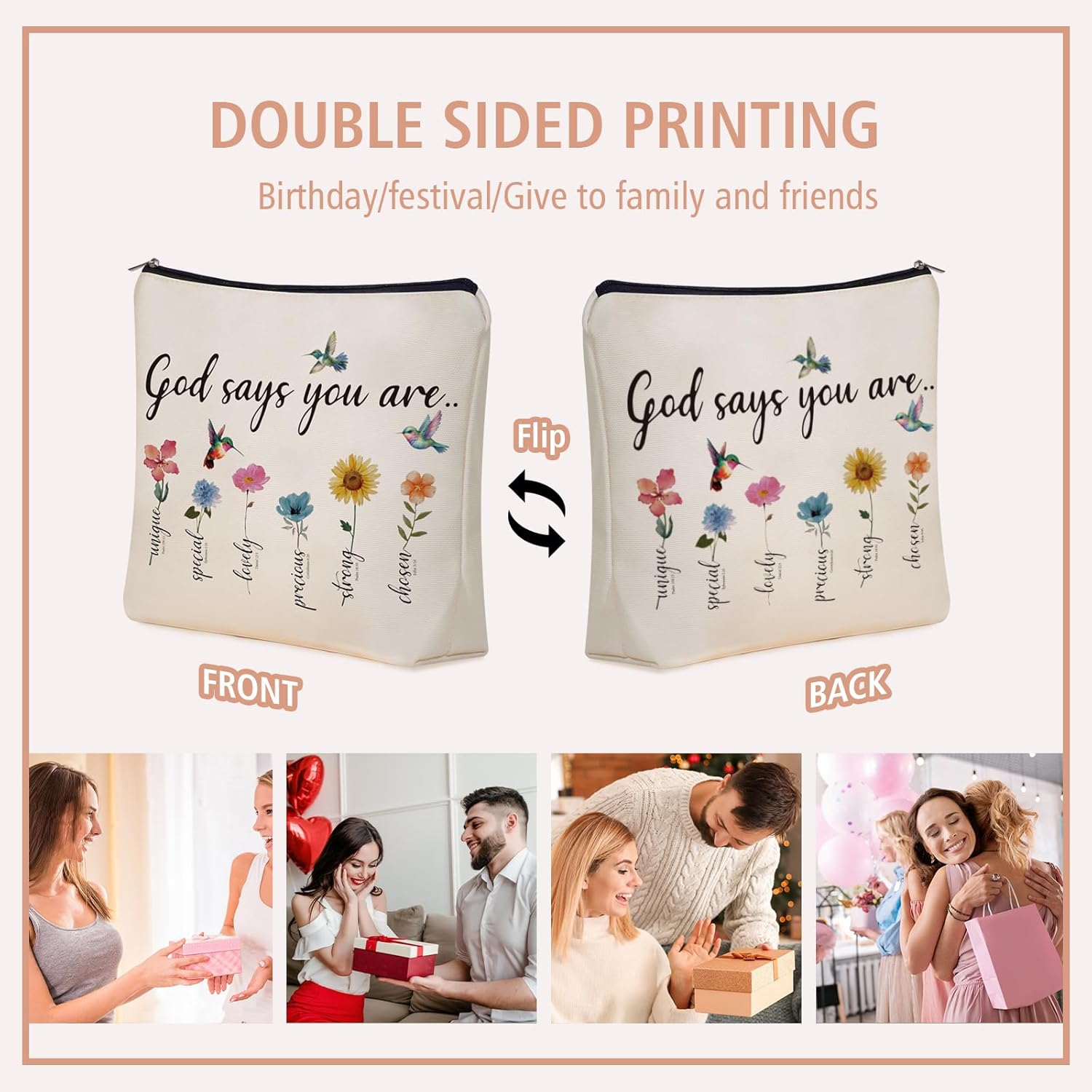 Girlly God Says You Are Scripture Makeup Bag Christian Valentines Day Gift: Inspirational Bible Verse Cosmetic Bag, Affirmations & Encouragement Gifts, Flower Bird Themd Birthday Gifts for Women Girls image number 5