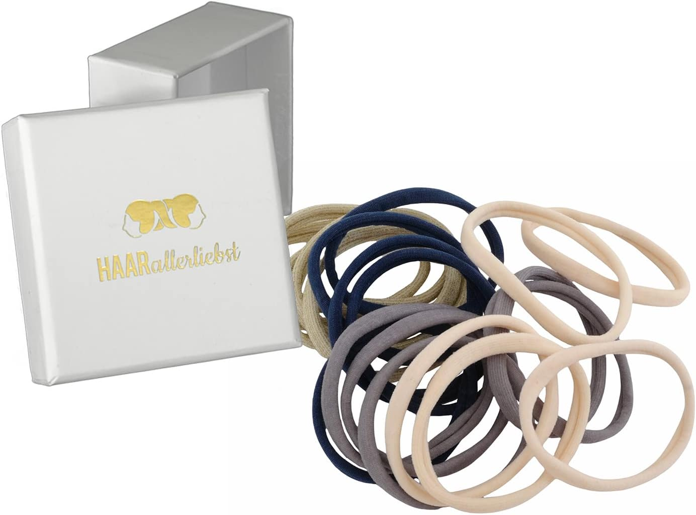 Haarallerliebst Hair Bobbles Extra Strong (Pack of 20 | Skin-Coloured, Grey, Blue, Gold | 5 Cm) with Box for Storage (Box Colour: White) (Box Colour: Pink)