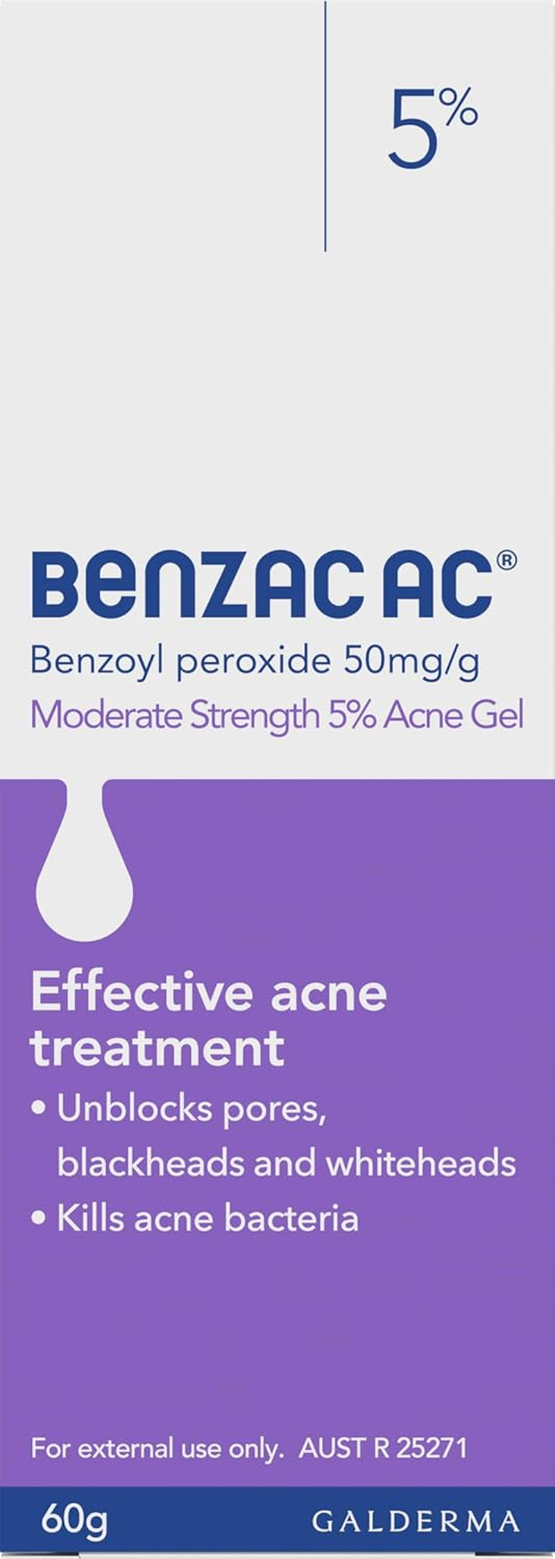 Benzac AC 5.0% Moderate Acne Gel 60G, Kills up to 94% of Acne Bacteria in 1 Week, Contains Benzoyl Peroxide, Dermatologically Tested image number 2