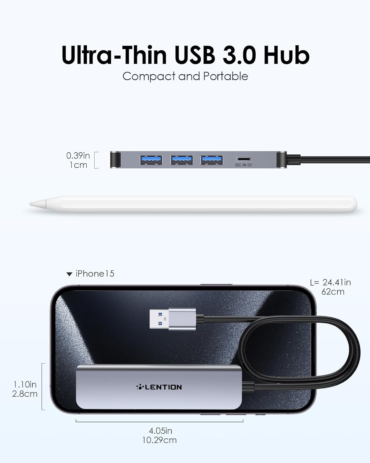 Lention 2FT Long Cable USB 3.0 Hub Multiport Adapter, Ultra-Slim Data USB a Hub with 4 USB 3.0 Port & 5V/3A USB C Power Supply Port for Laptop, PC, Macbook, Imac, Xbox, PS4/PS5, Hard Drive, More