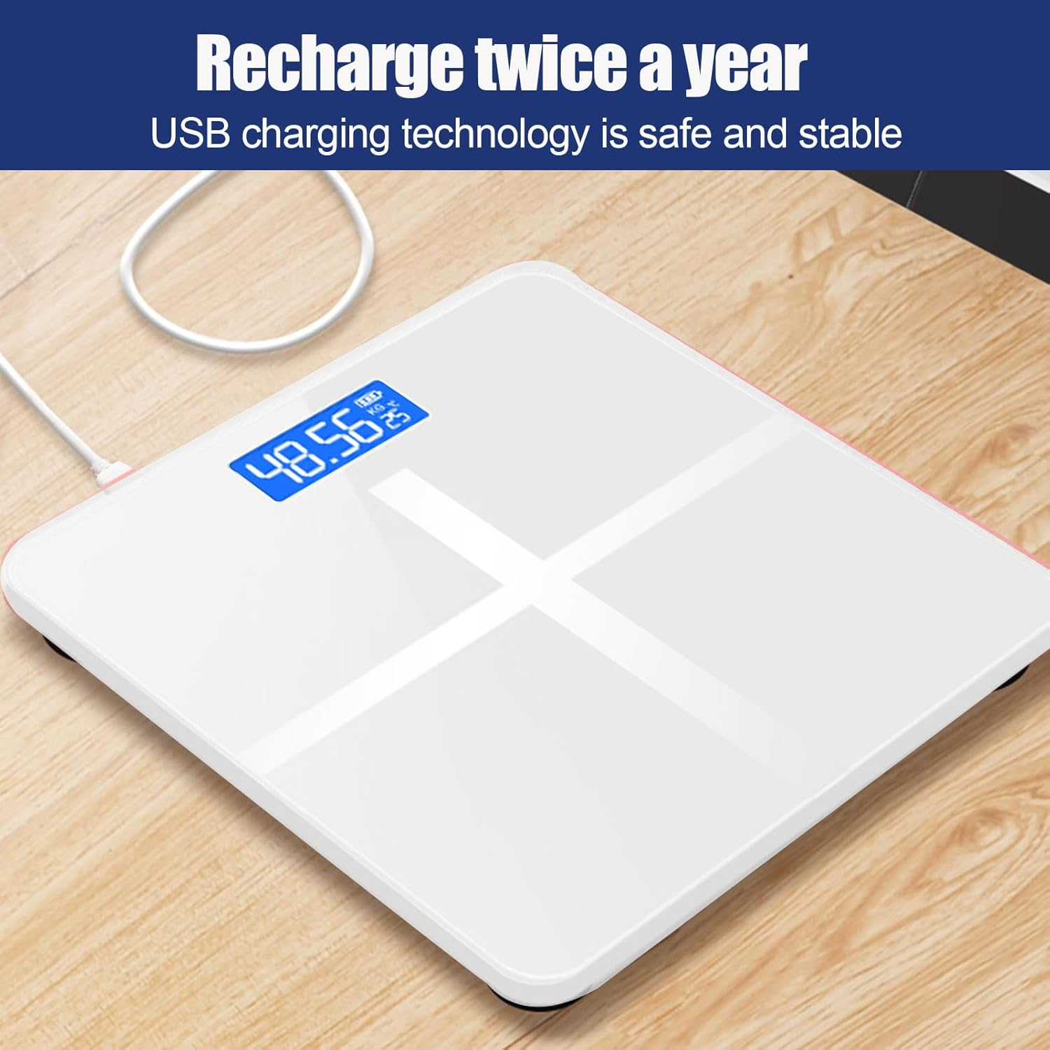 Wesoke Digital Bathroom Scale for Body Weight, Highly Accurate Rechargeable Scale, High Precision Body Fat Scale with LED Display & Tempered Glass & Thermometer, Measures Weight up to 180Kg, White image number 3