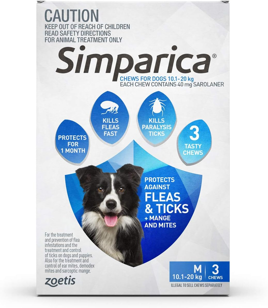 Simparica Flea and Tick Chewable Tablets for Dog Medium 10.1-20 Kg, Blue (Pack of 3)