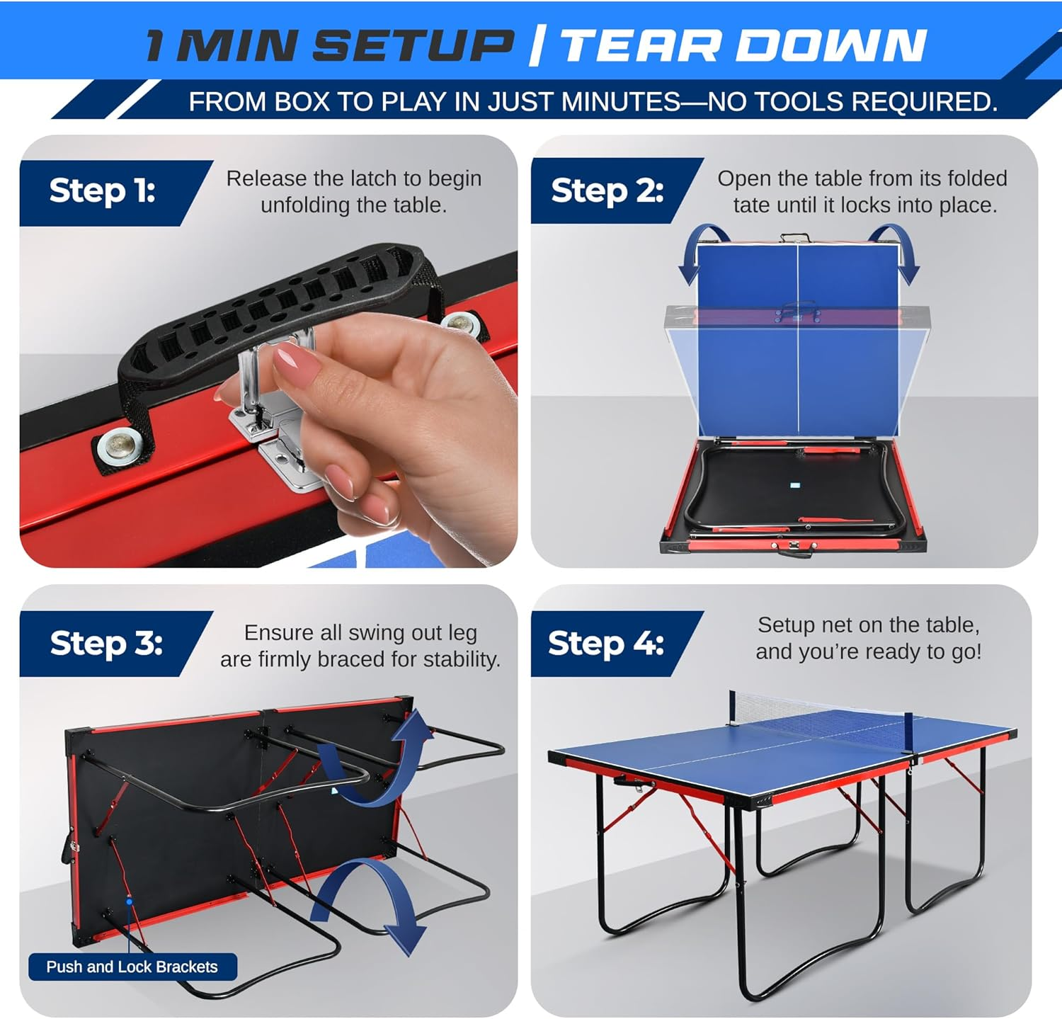 Serenelife Midsize Portable Ping Pong Table Set with Net, Clipper, Post - 6&rsquo; X 3&rsquo; Foldable Space-Saving Design, Blue image number 3