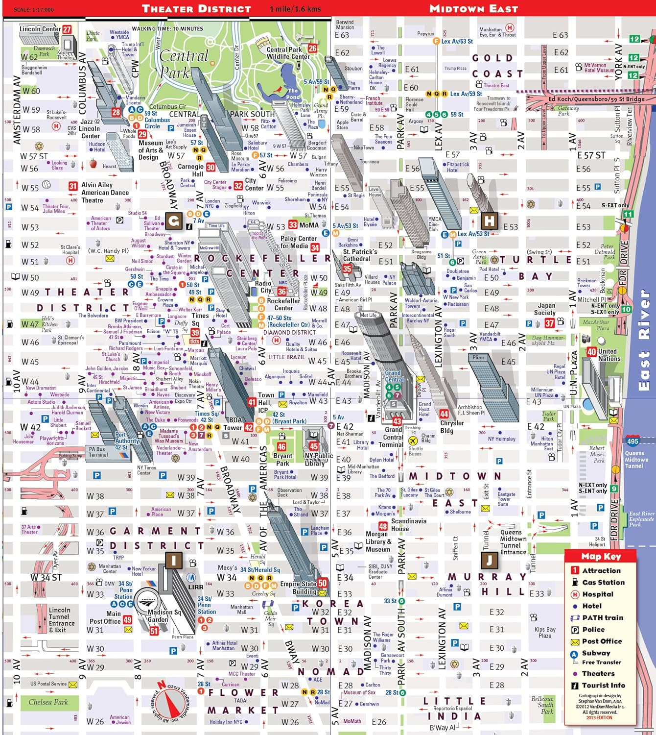Streetsmart&reg; NYC Map Midtown Edition by Van Dam-Laminated Pocket City Street Map of Manhattan W/ All Attractions, Museums, Sights, Hotels, Broadway Theaters & NYC Subway Map; 2024 Edition: 39