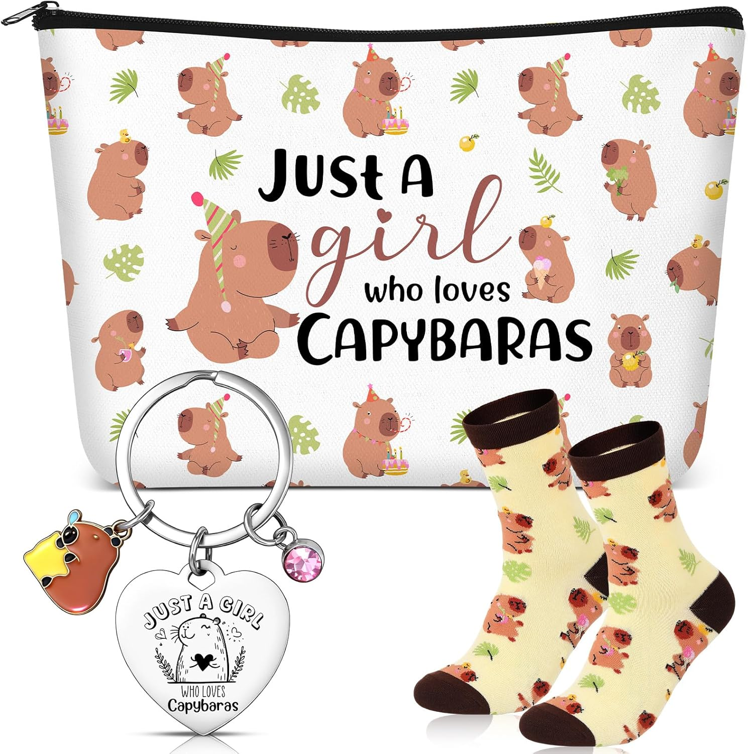 Xuniea 3 Pcs Capybara Gift Set Just a Girl Who Loves Capybaras Makeup Pouch, Keychain, Socks, Cute Capybara Themed, Pet Lover Present, Birthday, Christmas Animal Theme Gift for Friends, Family, Colle image number 6