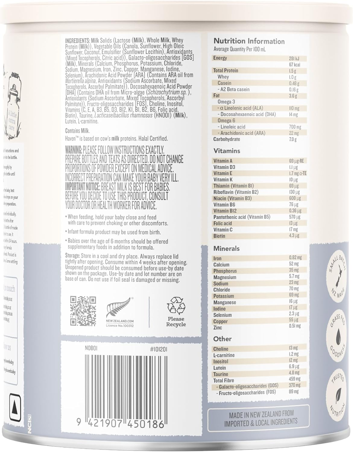 Haven A2 Cow Infant Formula, Stage 1 (Birth&ndash;6 Months), Made with Gentle New Zealand Grass-Fed Cow&rsquo;S Whole Milk, with Prebiotics, Probiotics, Palm Oil Free, GMO Free &ndash; 800G image number 4