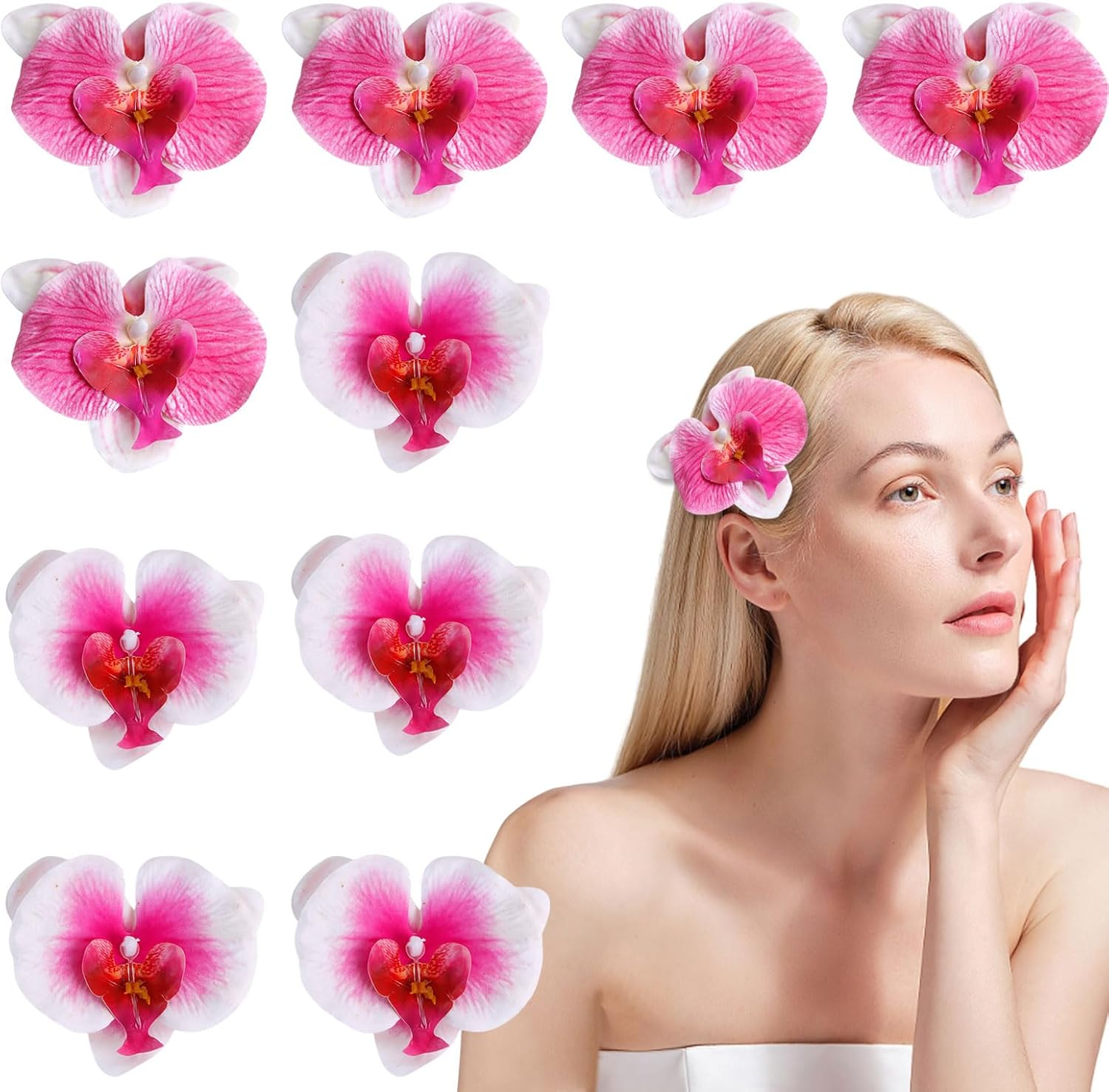 SAIIURV Pack of 10 Pink Flowers Hair Clips, Orchid Artificial Flowers, Hairpin, Women'S Bohemian Hair Flower, Hair Clips, Hair Accessories, Decorations, Hair Accessories for Women, Girls, Summer image number 2