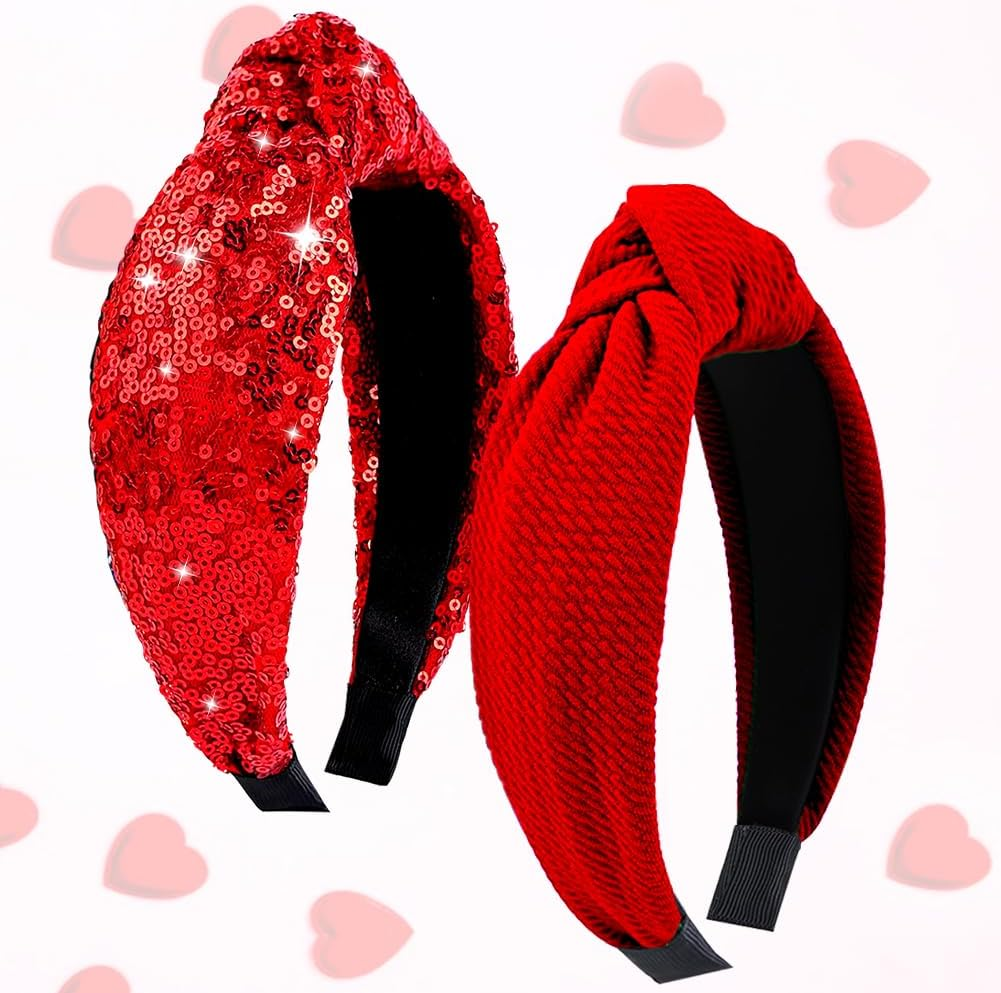 RUPOFUZA 2Pcs Valentine&rsquo;S Day Headbands for Women Red Valentines Top Knot Embellished Headband Knotted Hairband Red Hair Hoops for Women Girls Valentine Party Gifts Hair Accessories image number 5