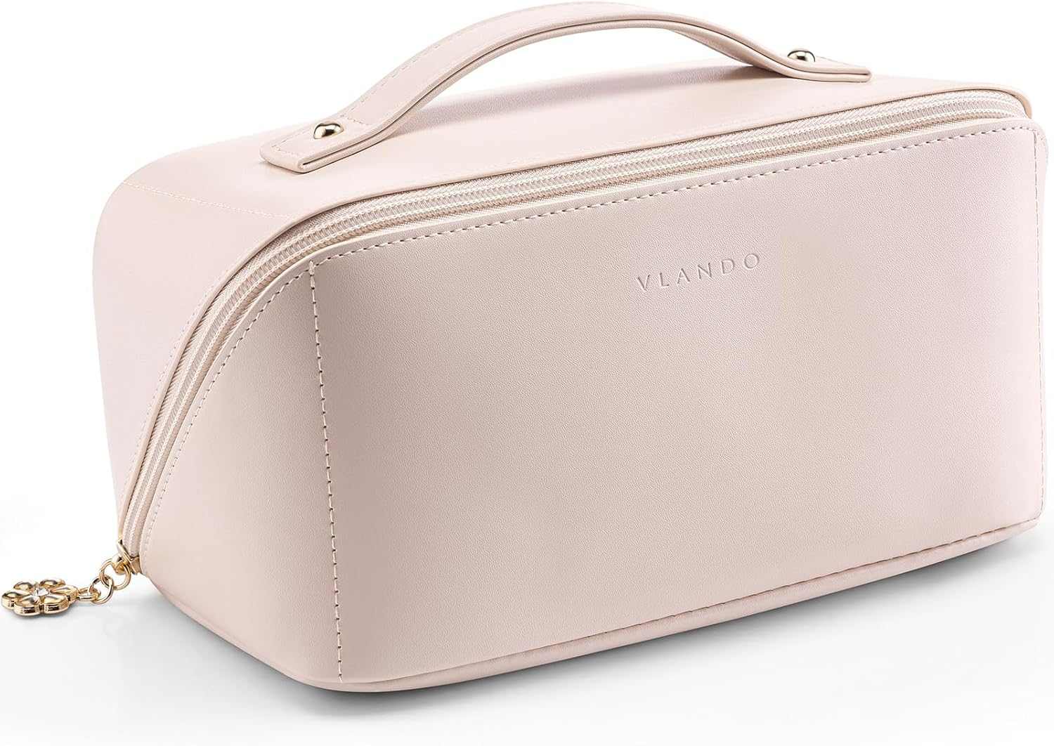 Vlando Travel Makeup Bag,Toiletry Bag for Women PU Leather Open Flat Make up Bag, 01.Toffee, Classic Elegant