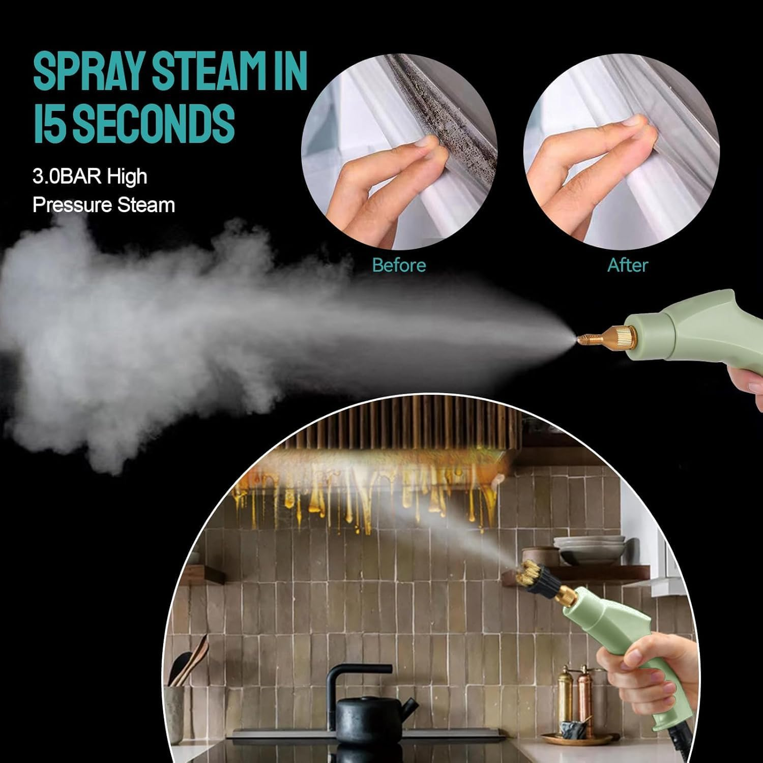 Loxiia Handle Steam Cleaner with 4Pcs Accessories - 2500W High Powerful, 6-Grade Adjustment, 1L Water Tank, Multi-Purpose High Pressure Steam Cleaner for Kitchen, Floor, Bathroom, Window, Car - 4Pcs Green image number 3