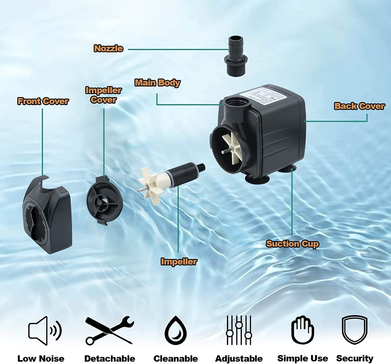 Submersible Pump, 10W Ultra Quiet Water Pump Small Submersible Pump for Fish Tank, 600L/H Pond,Aquarium, Fountain, Statuary, Hydroponics