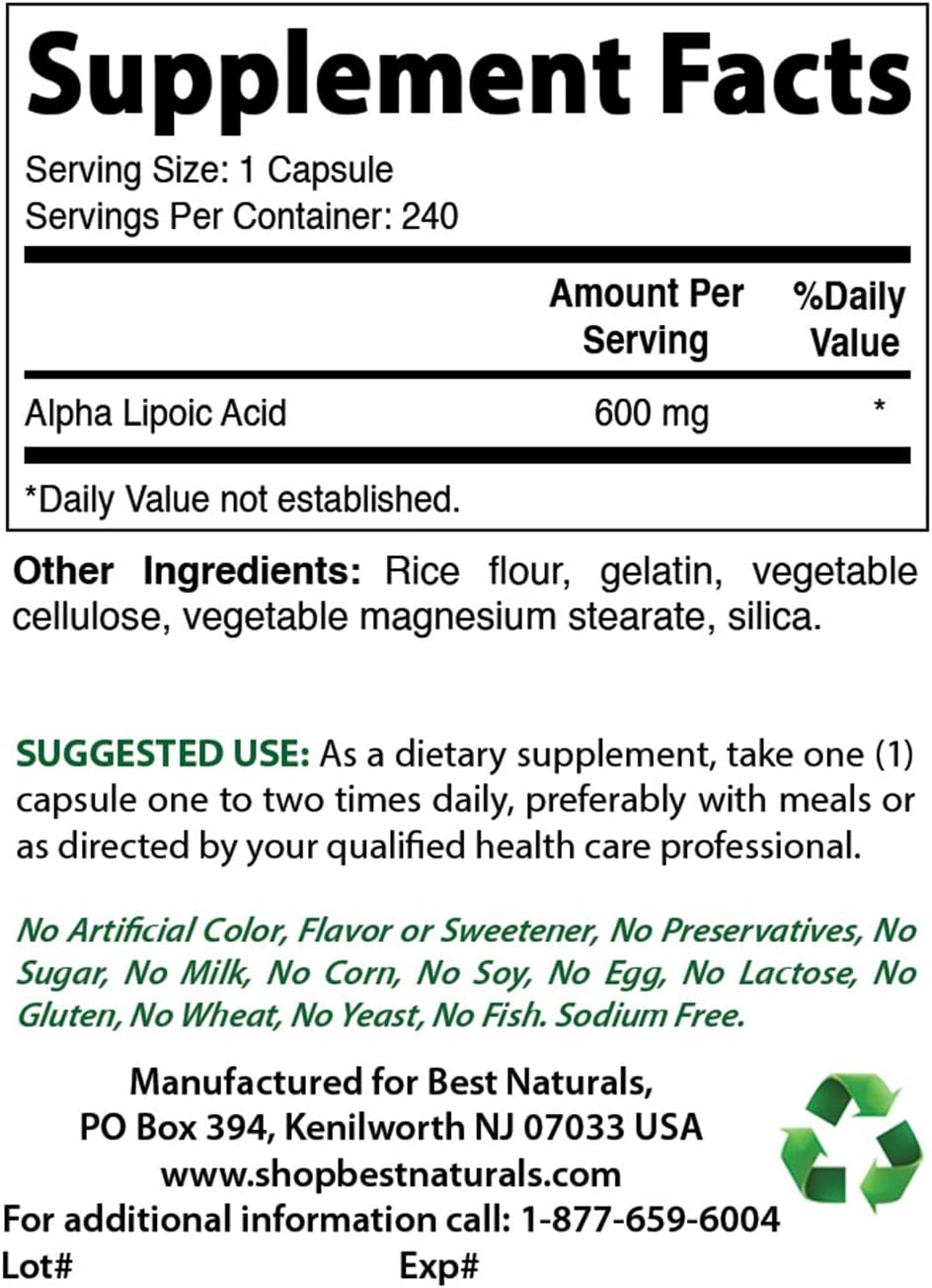 Best Naturals Alpha Lipoic Acid (ALA) 600 Mg 240 Count (Pack of 2) image number 6