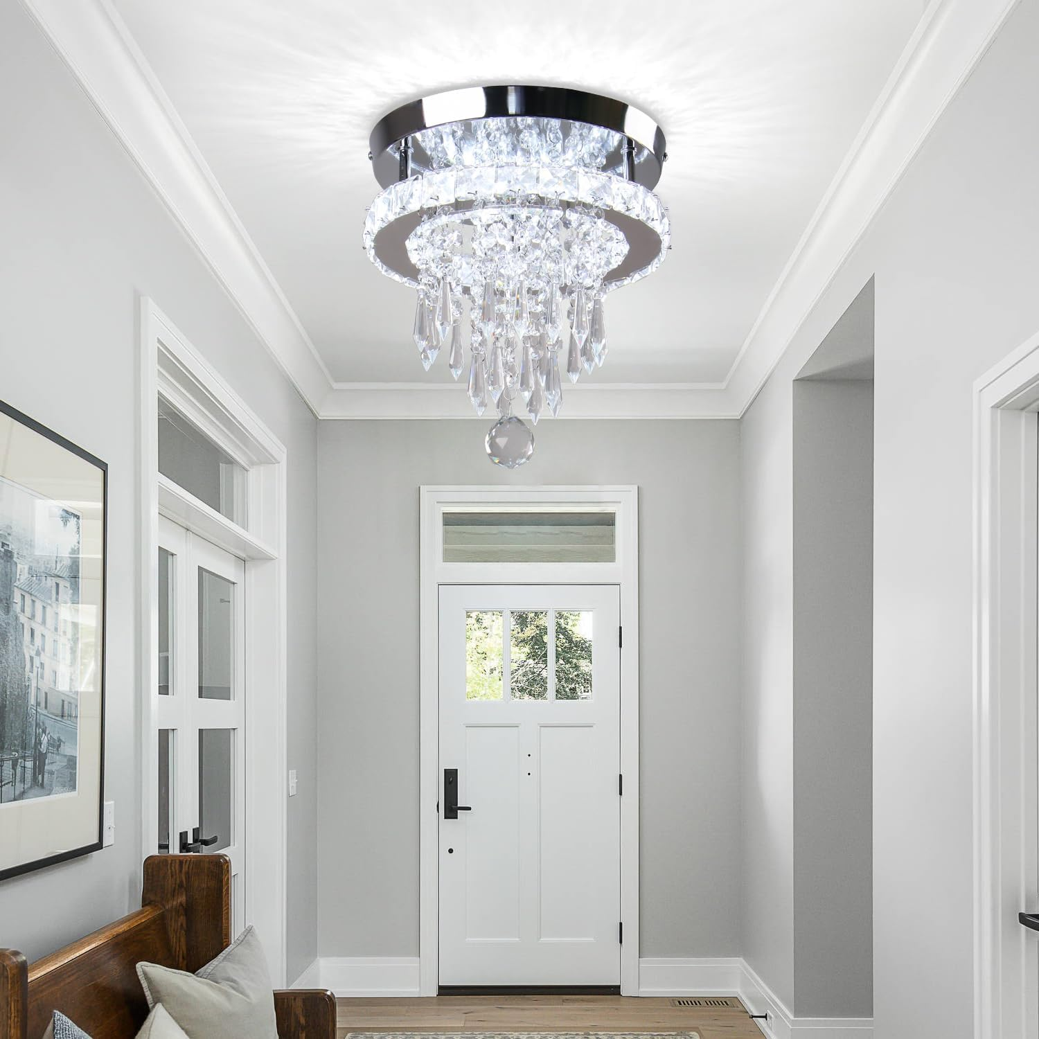 FRIXCHUR Modern LED Crystal Ceiling Light, round Crystal Chrome Ceiling Light for Bedroom, Living Room, Hallway, Kitchen (White) image number 4