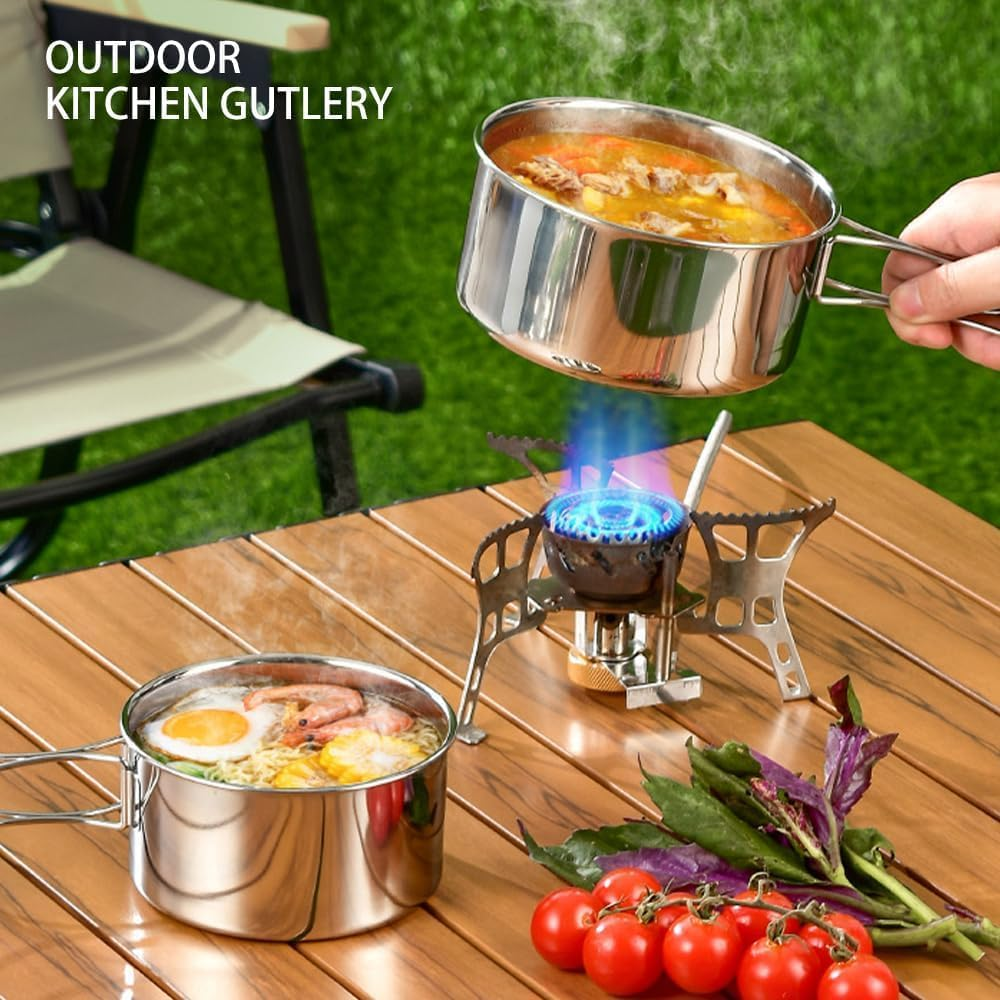 ABDULWEN Outdoor Hiking Picnic Stainless Steel Camping Tableware Kit with Camp Dishes, Cooking Utensils Accessories, Plates and Dinnerware Set image number 1