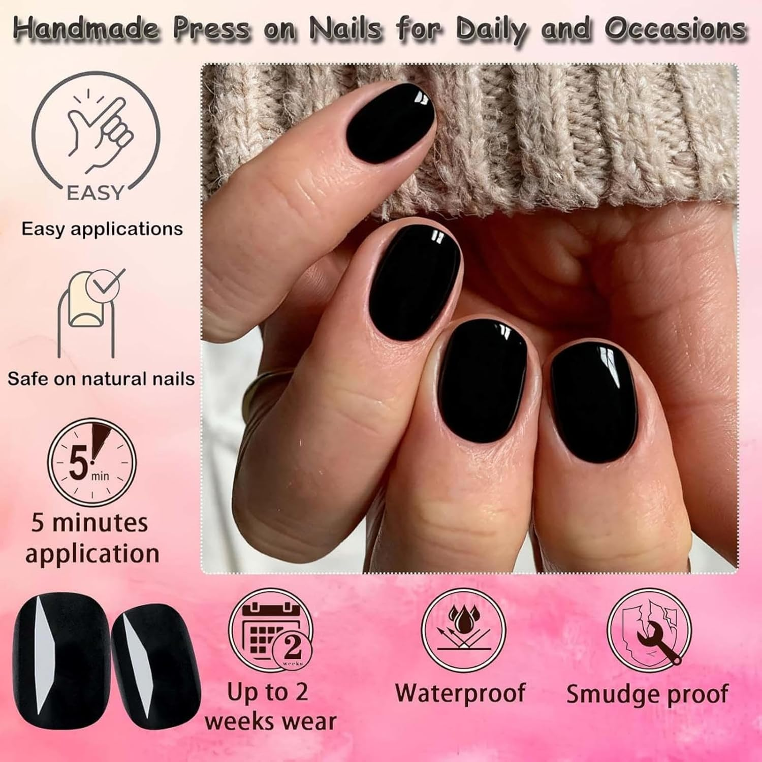 576Pc Short Press on Nails 24 Colours Glossy Squoval Fake Nails, Full Cover Acrylic Artificial Fingernails for Kids Girls Women &ndash; Quick At-Home Manicure Nail Tips Gel Artificial Fingernail - 120, Black Almond Nails image number 7