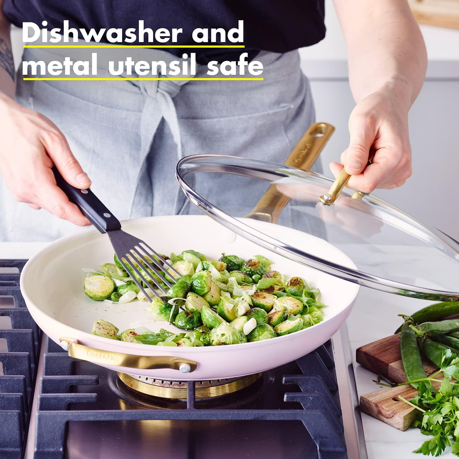 Greenpan Reserve Hard Anodized Healthy Ceramic Nonstick 30Cm Frying Pan Skillet with Helper Handle and Lid, Gold Handle, Pfas-Free, Dishwasher Safe, Oven Safe, Blush Pink image number 2