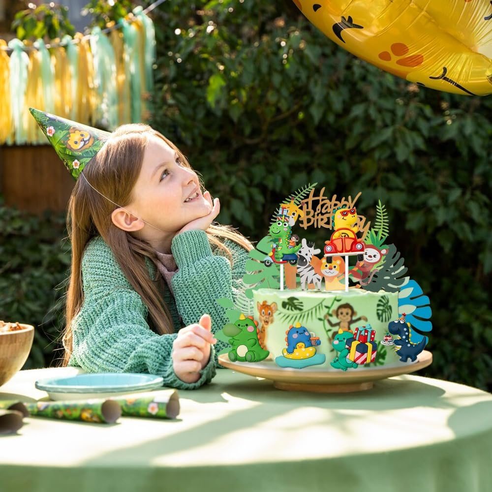 Sxutop 14 PCS Birthday Cake Cute Toppers Tropical Palm Leaves Cake Toppers Dinosaur Decoration with Gifts in Hand Cake Toppers Dinosaurier Theme Cake Supplies for Theme Birthday Baby Shower Party image number 6