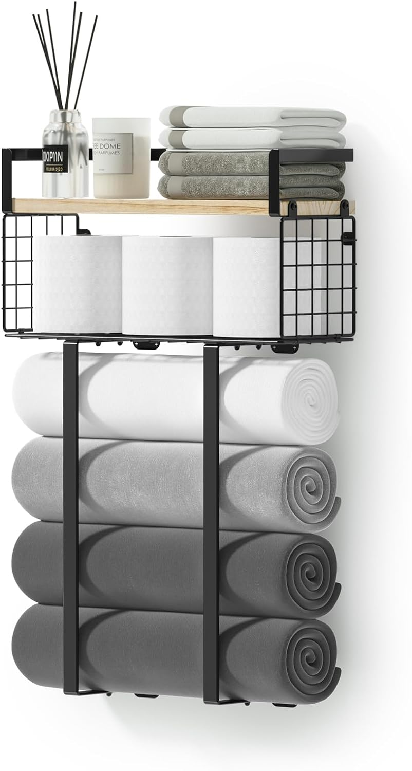 Towel Racks for Bathroom Wall Mounted, Xstydes Metal Towel Holder with Wooden Shelf for Folding Large Towels, Towel Storage for Small Bathroom Organizer Decor or RV Camping