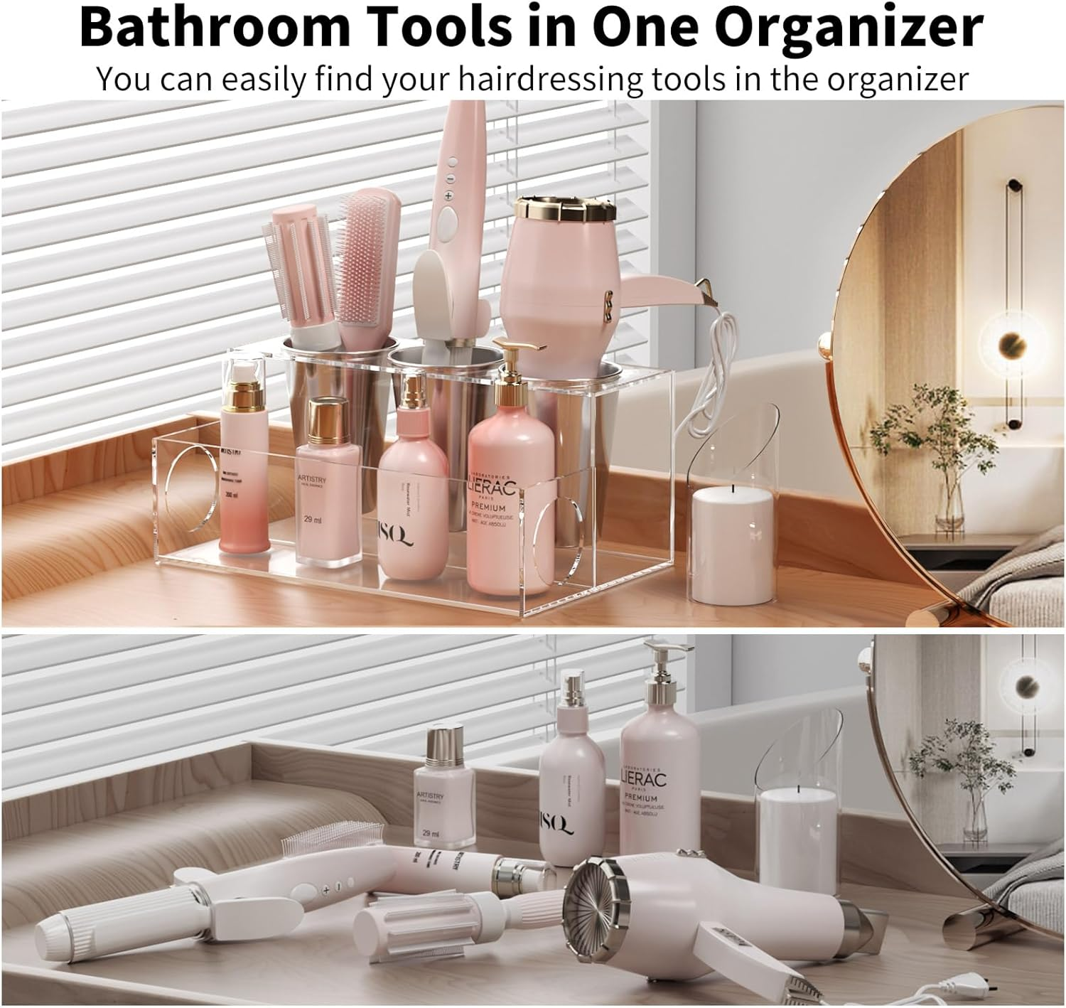 NIUBEE Hair Tool Organizer, Clear Acrylic Hair Dryer and Styling Organizer, Bathroom Countertop Blow Dryer Holder, Vanity Caddy Storage Stand for Accessories, Makeup, Toiletries image number 6