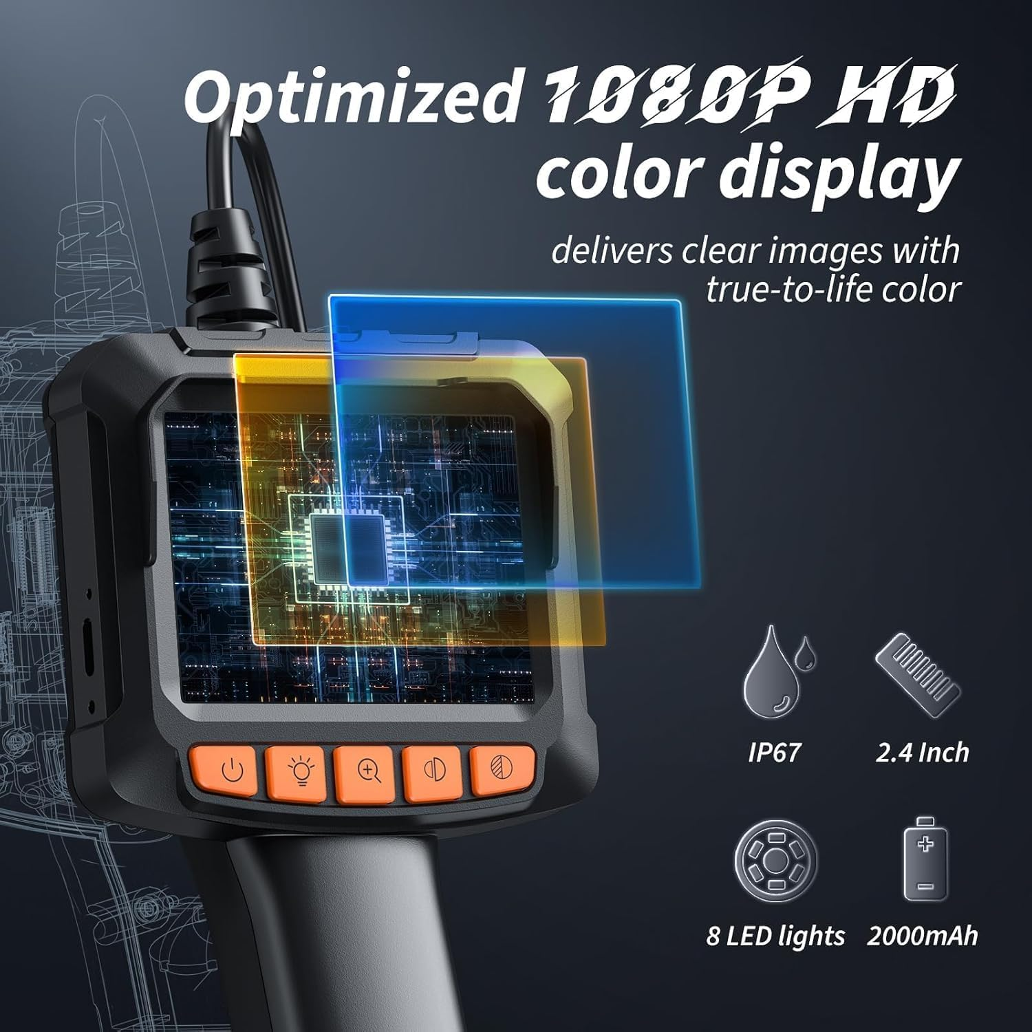 Endoscope Camera with Light, 1920P Inspection Camera, with 2.4-Inch Color Display Borescope, Waterproof Industrial Borescope with 8 Adjustable LED Lights, 16.5Ft Semi-Rigid Cable Sewer Camera image number 4