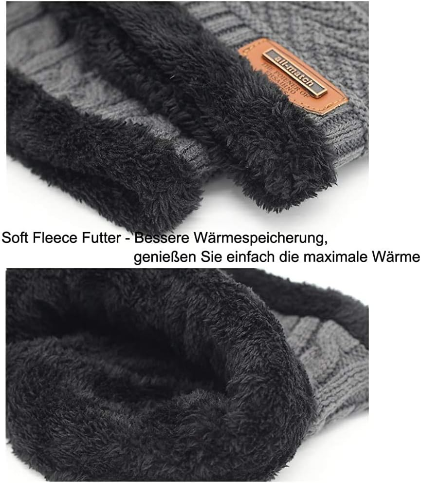 Aufondof 3 Pack Winter Knit Beanie Scarf Gloves Set for Men Thick Warm Sets Knitted Scarf Beanie Hat Touchscreen Gloves Neck Warmer with Fleece Lining