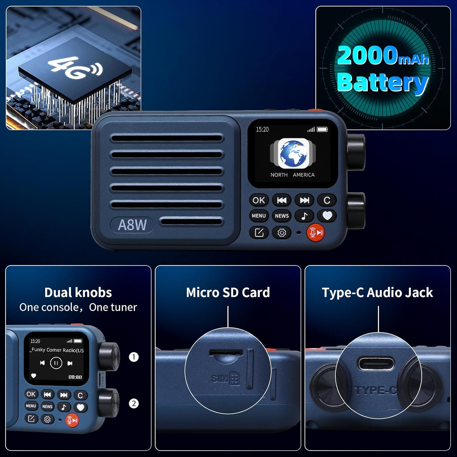 Choyong A8W Portable Smart Internet Radio Receiver WIFI/4G Radio Speaker with Fm,Micro-Sd Card,All World Radios,For Home with Wifi,Digital Radio,Choyoung