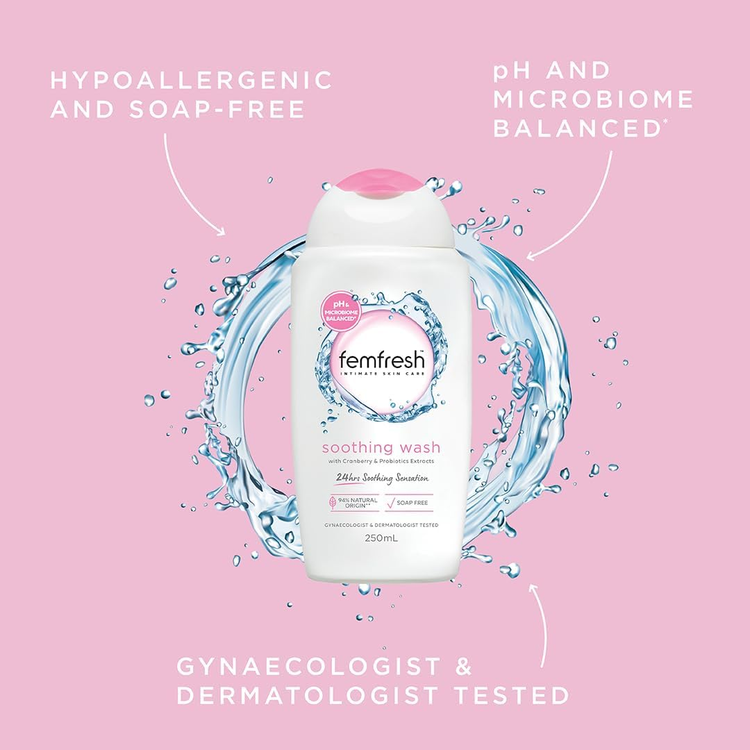 Femfresh Soothing Wash - Shower Gel - with Cranberry & Honeysuckle Extracts - PH & Microbiome Balanced - 94% Natural Ingredients - Hypoallergenic & Soap Free - Gentle Feminine Wash - 250Ml image number 6