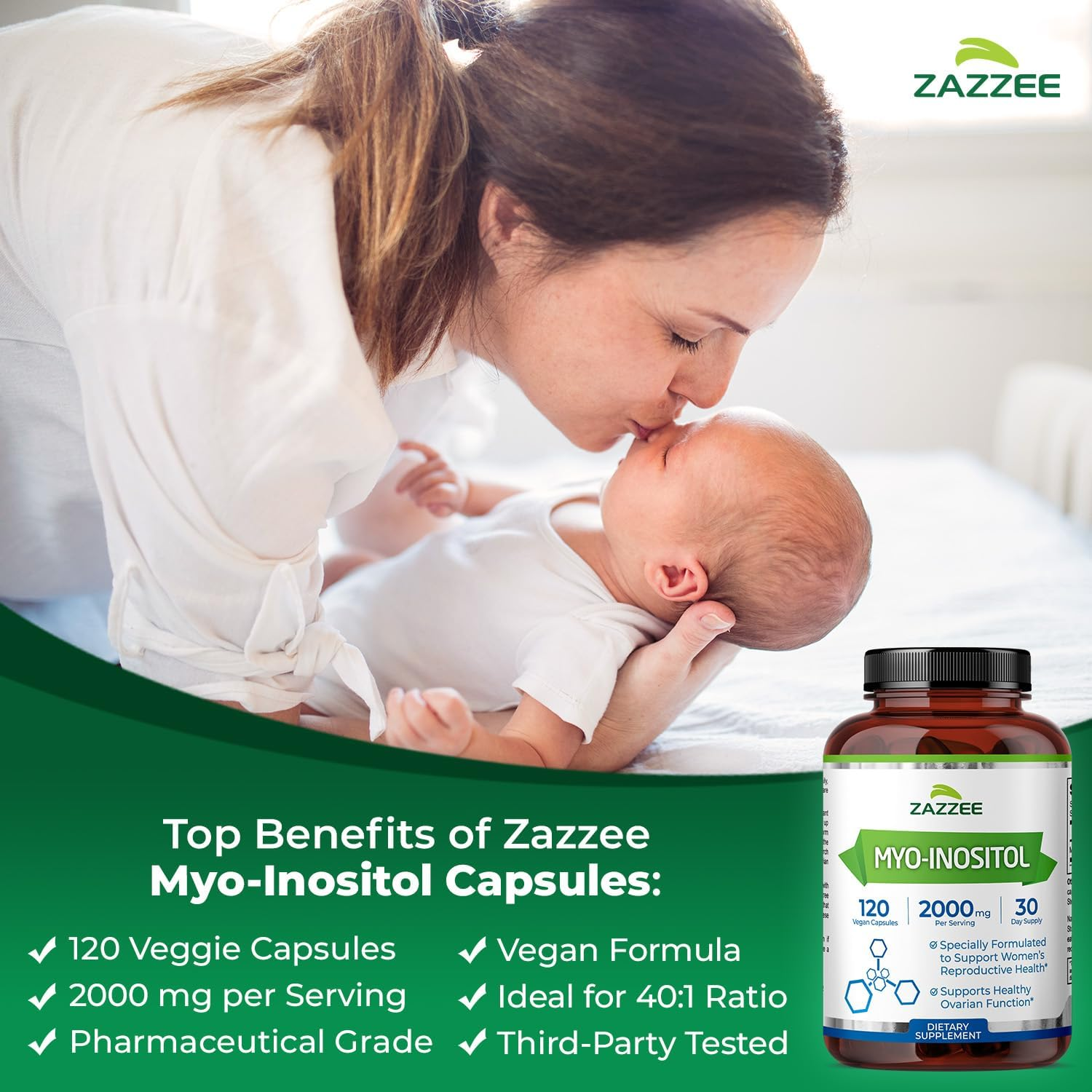 Zazzee Myo-Inositol Capsules, 2000 Mg per Serving, 120 Vegan Capsules, Ideal Dosage for 40:1 Ratio, 100% Vegetarian, Hormone Balance & Healthy Ovarian Function Support, All-Natural and Non-Gmo image number 2