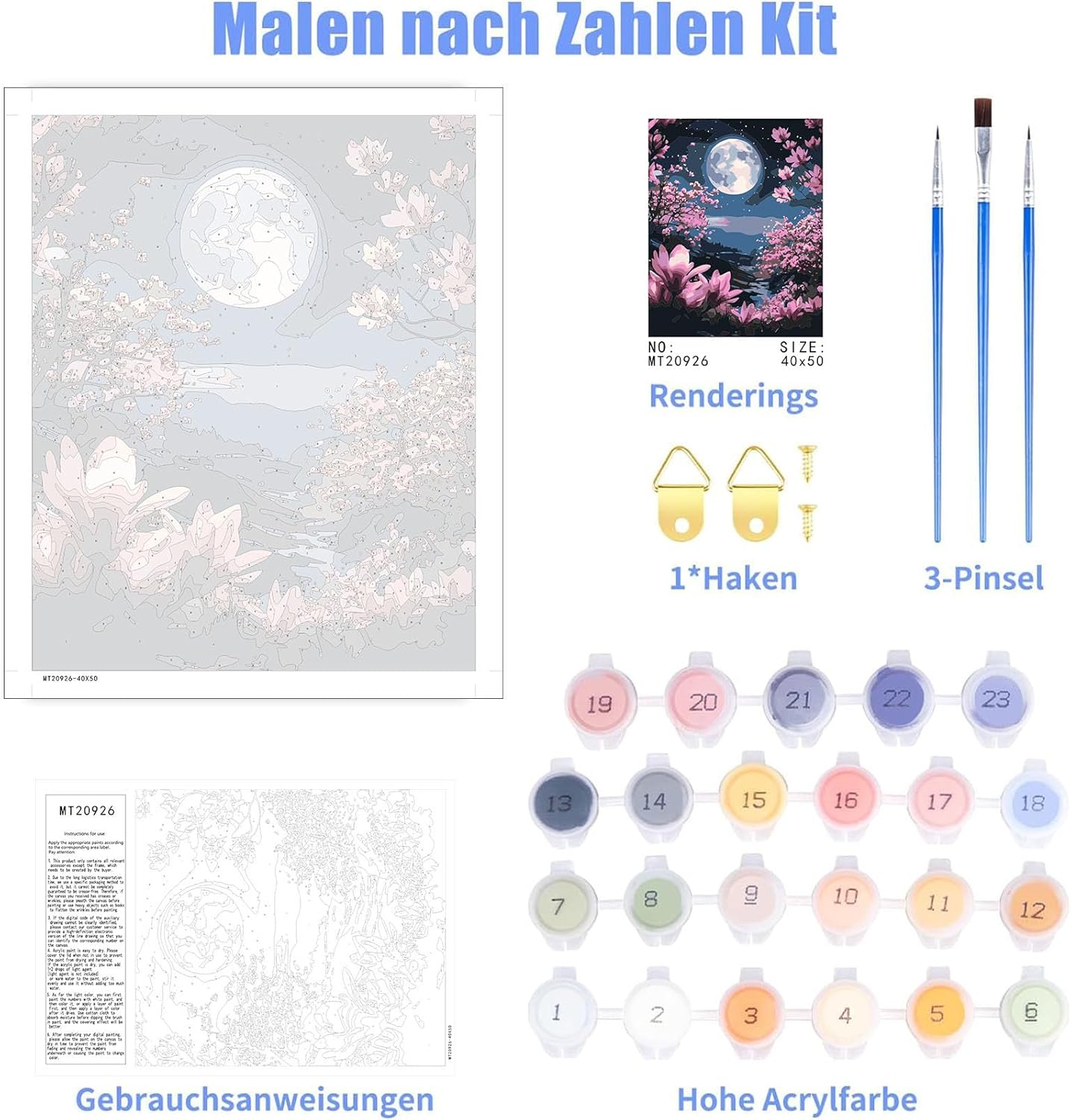 Pujeknm Paint by Numbers Adult Moon DIY Landscape Hand Painted Oil Painting Kit for Beginners, with 3 Brushes and Acrylic Paint, Hand Painted Oil Painting Kit as a Gift, 40 X 50 Cm (Frameless) image number 4