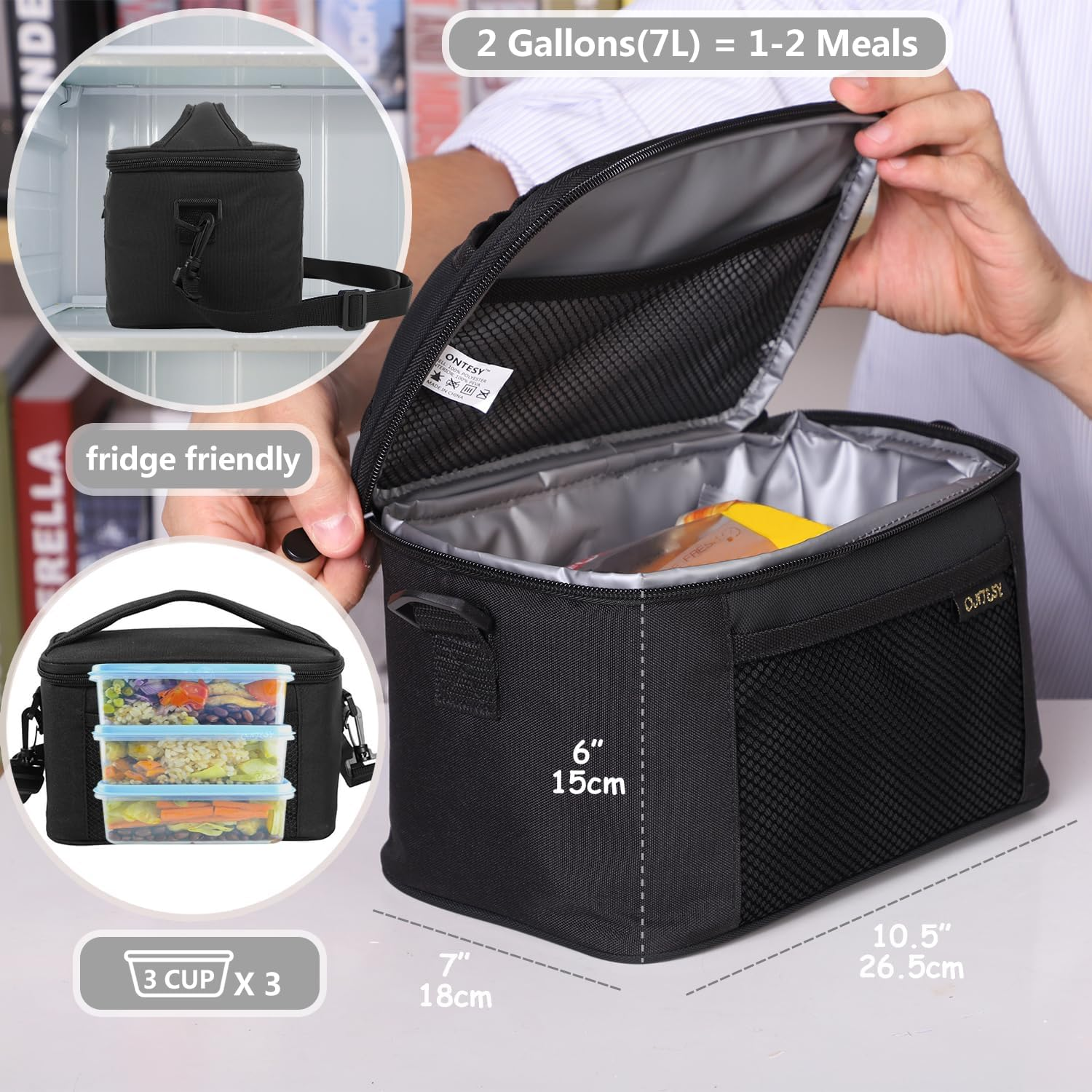 ONTESY Black Lunch Box for Men Women, Solid Color Insulated Bag for Work School Picnic Foldable Medium Size Leakproof Cooler for Kids Boys Girls with Adjustable Shoulder Strap for - 7.2L - Black image number 1