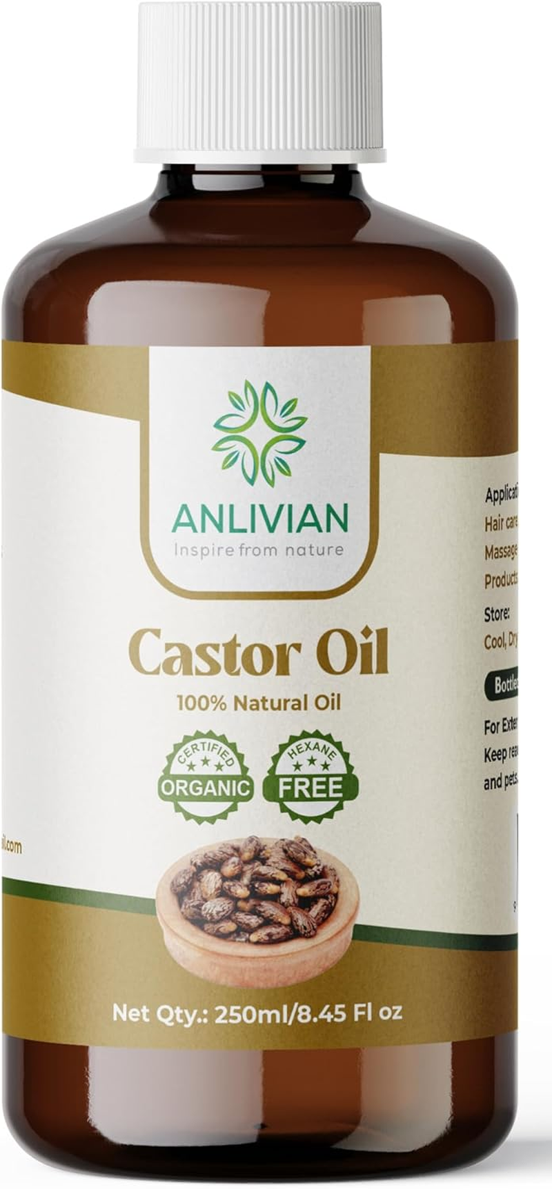 Anlivian Castor Oil 100% Pure | Organic Hexane-Free | 250Ml Glass Bottle | Hair Growth, Eyebrows, Eyelashes & Skin Care | Moisturizer for Dry Skin | Natural & Cold-Pressed image number 1