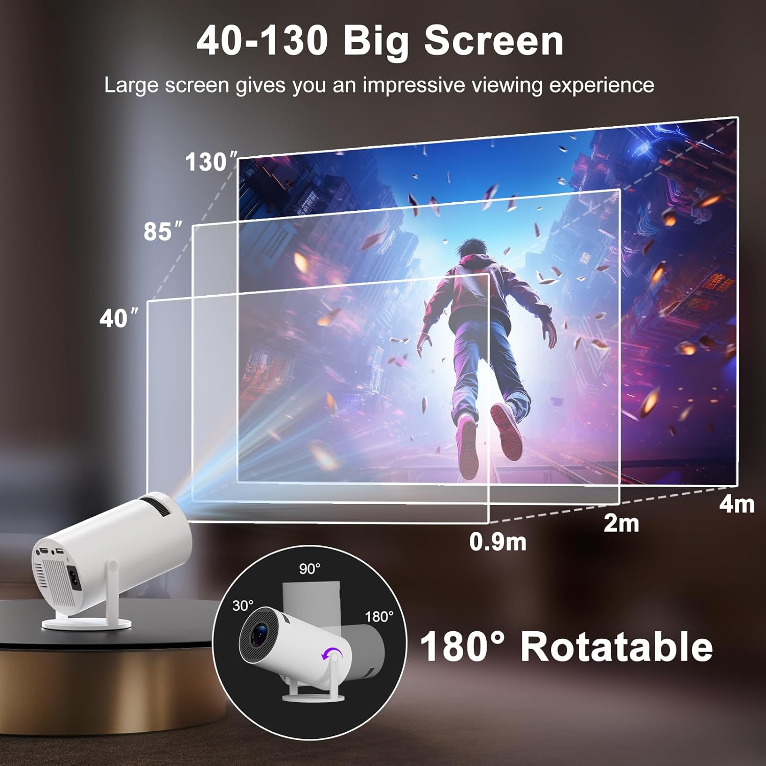 UWECAN Mini Projector Supports 4K 1080P, Smart Projector with Auto Focus and Auto Keystone Correction, Portable Projector with Wifi and Bluetooth, 180&deg; Rotatable Outdoor/Home Movie Projector image number 3