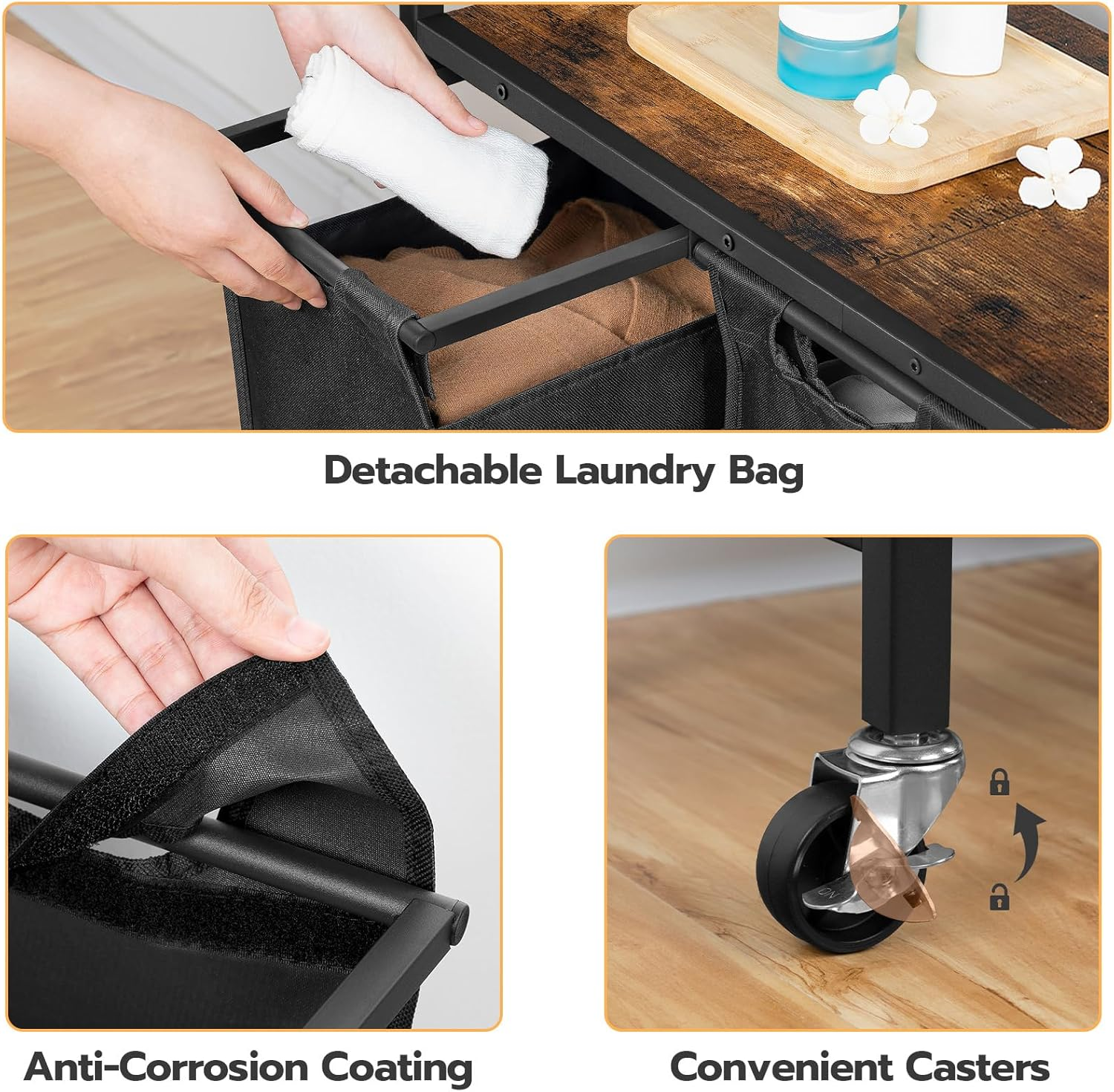 HOOBRO Laundry Sorter 3 Section,Rolling Laundry Hamper with Wheels, 3 &times; 11.5 Gal (43.5 L), Pull-Out and Removable Oxford Fabric Laundry Bags, Rustic Brown and Black BF76XY01 image number 3