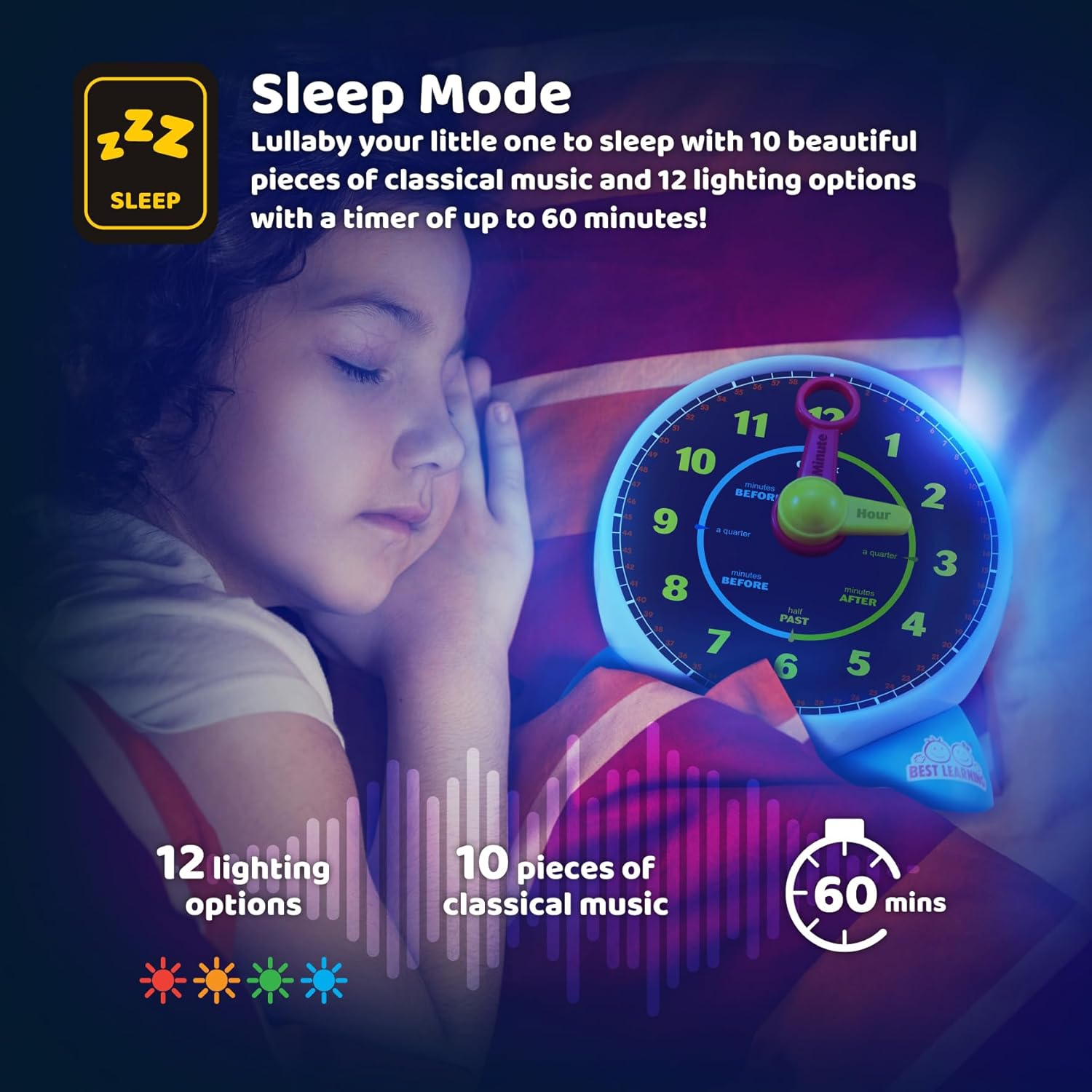 Best Learning Learning Clock - Educational Talking Learn to Tell Time Light-Up Toy with Quiz and Sleep Mode Lullaby Music - Ideal Birthday Toddlers & Kids Ages 3 to 6 Years Old image number 5