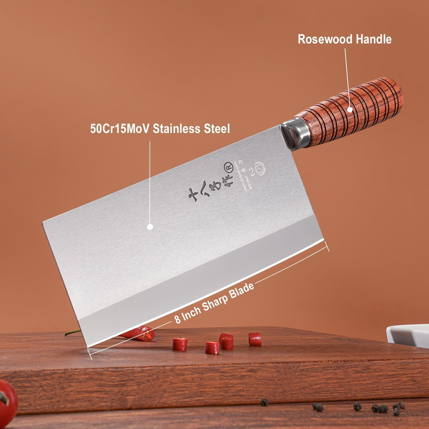 SHI BA ZI ZUO Cleaver Knife,Professional Chef Knife for Vegetable Slicing and Meat Cutting,Stainless Steel Kitchen Knife with Anti-Slip Wooden Handle image number 2