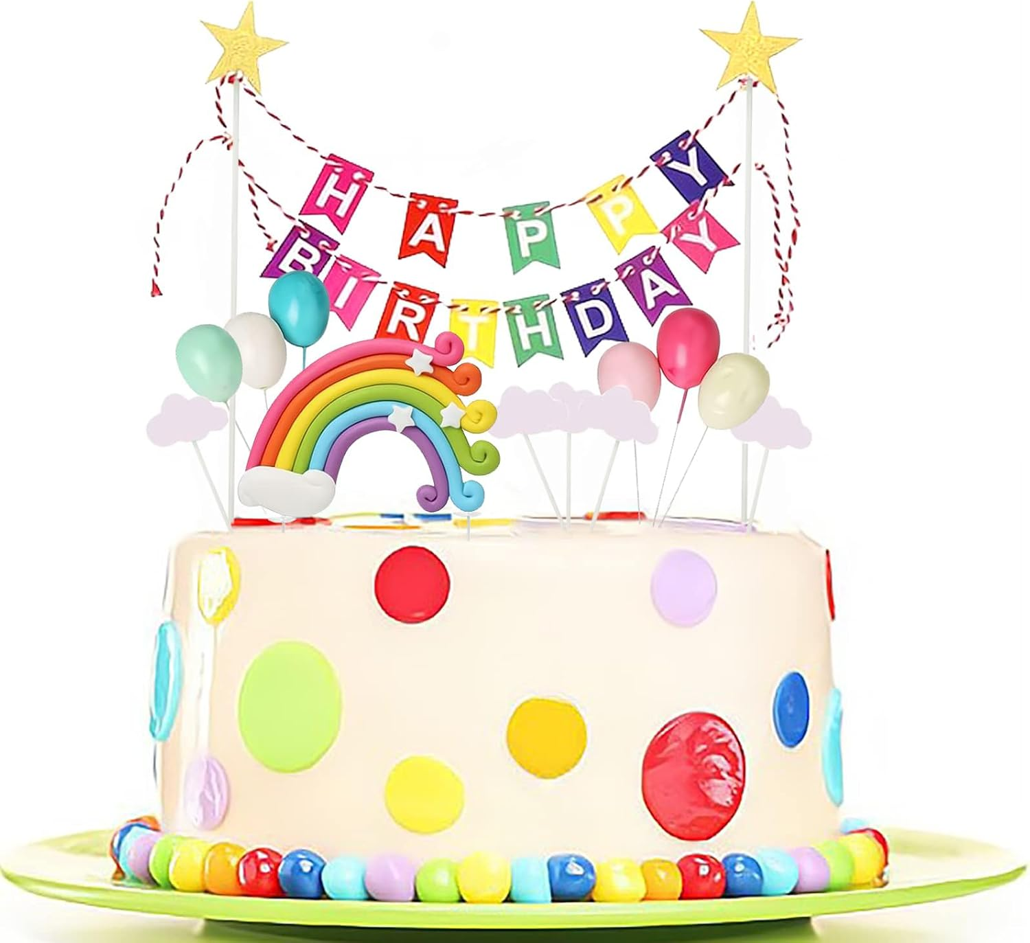 Rainbow Cake Topper, 13-Piece Cake Decoration Set, Include Colorful Rainbow Clouds Balloon Stars, for Boy Girl Kid Birthday Baby Shower Party Baking Decoration Supplies image number 2