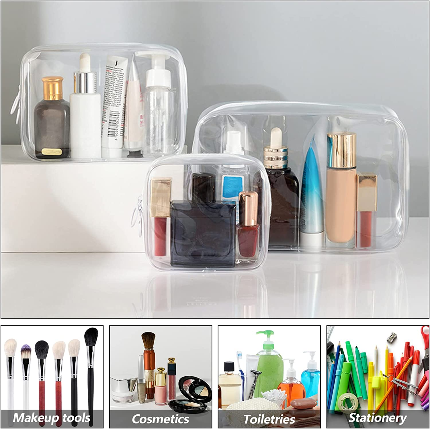 Set of 3 Clear Cosmetic Bags, Double Zipper Sliders Clear Travel Makeup Bags, Water Resistant Toiletry Bags, Portable Clear Pouches, Transparent Travel Pouch Bags (White) image number 6