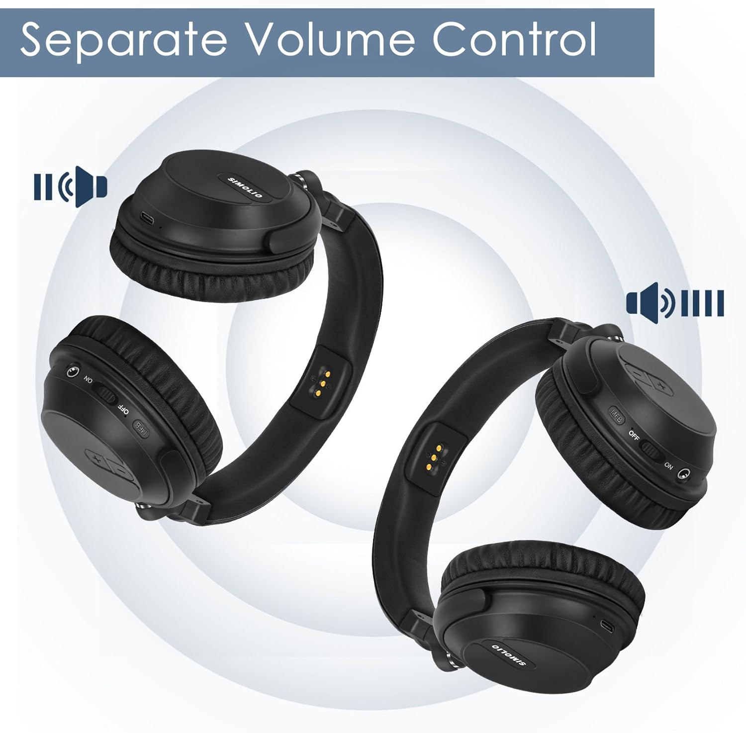 SIMOLIO JH-737D2 Dual Wireless TV Headphones, Bluetooth 5.2, Over-Ear, Black image number 2