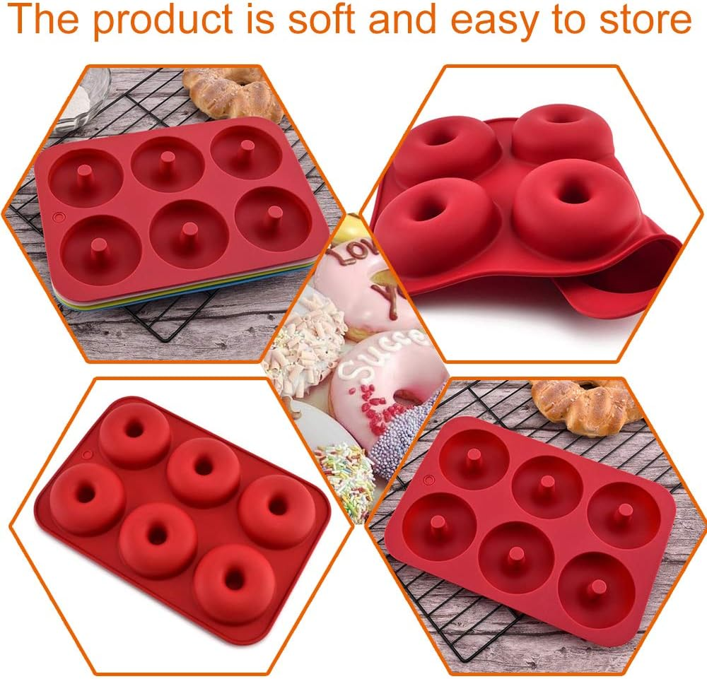 Silicone Donut Molds, 2 Pack Silicon Doughnut Mould, 6 Cavity Non-Stick Safe Silicone Donut Baking Pan for Cake Biscuit Bagels Muffins-Blue, Red image number 2