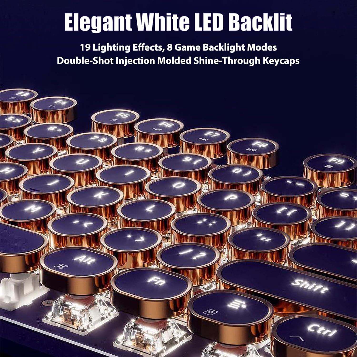 TISHLED Typewriter Style Mechanical Gaming Keyboard White LED Backlit 104-Key NKRO Pink Switches Retro round Keycaps Golden Ring Volume Knob Metal Panel Wired USB-C Detachable Cable, Purple - Purple image number 3