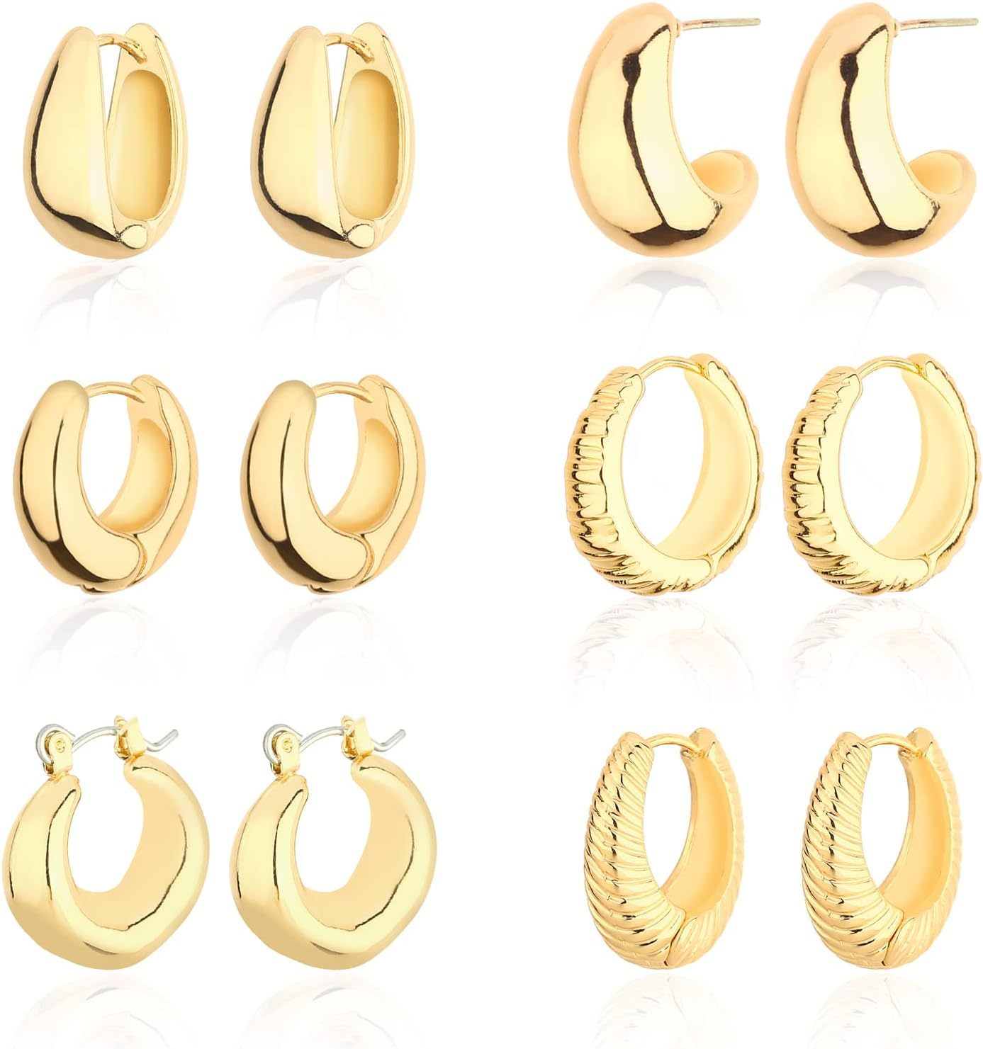 Wgoud Chunky Hoop Earrings Set 14K Gold Hoop Earrings for Women Hypoallergenic, Thick Hoops Earring Set, Twist Huggie Hoop Earring - 6 Gold Chunky Hoops image number 3